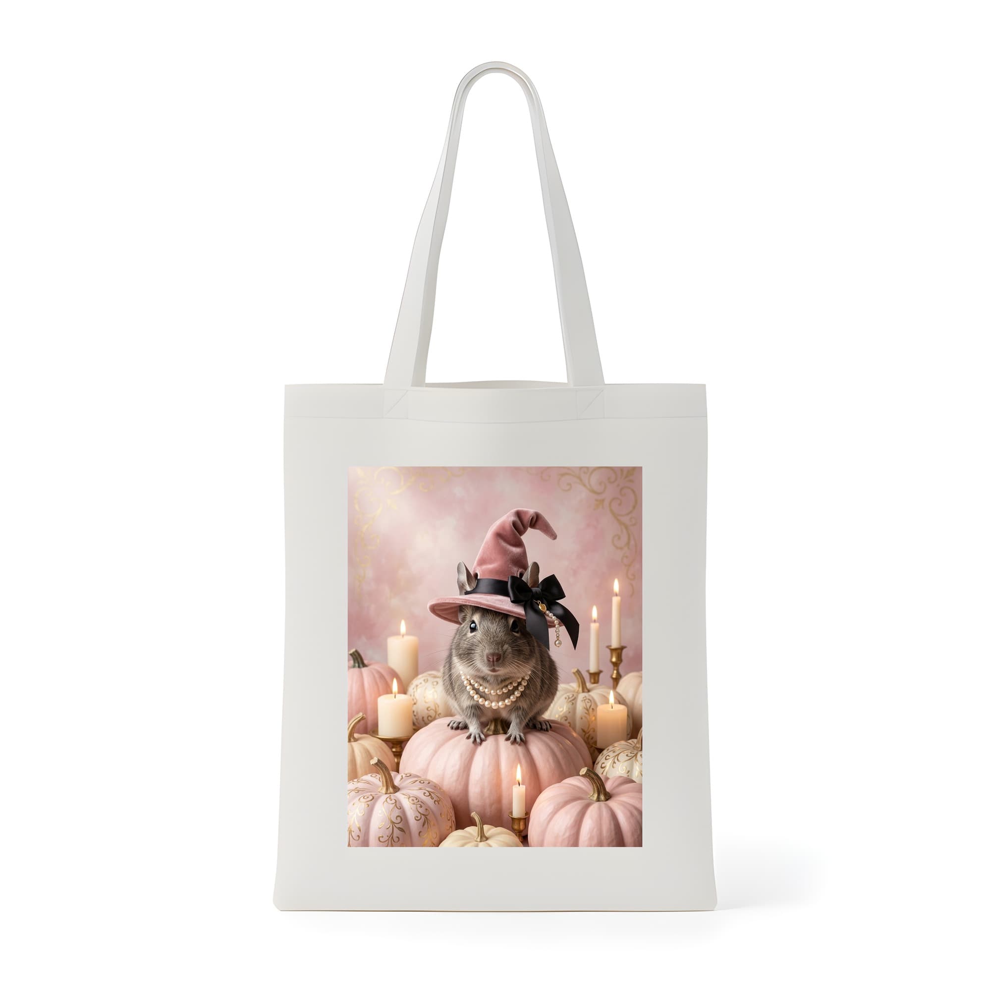 デグーのかぼちゃとキャンドルの油絵風アートハロウィントートバッグ