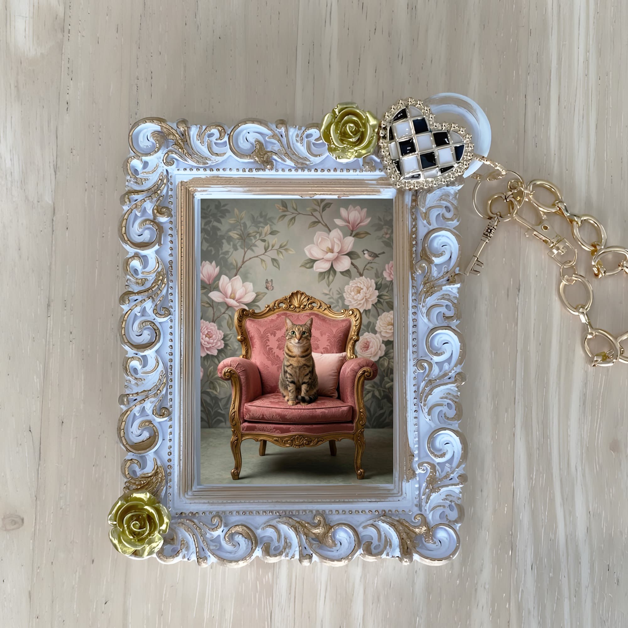 mixed breed cat Shabby Pink Oil-Painting Rococo Bag Charm (White)