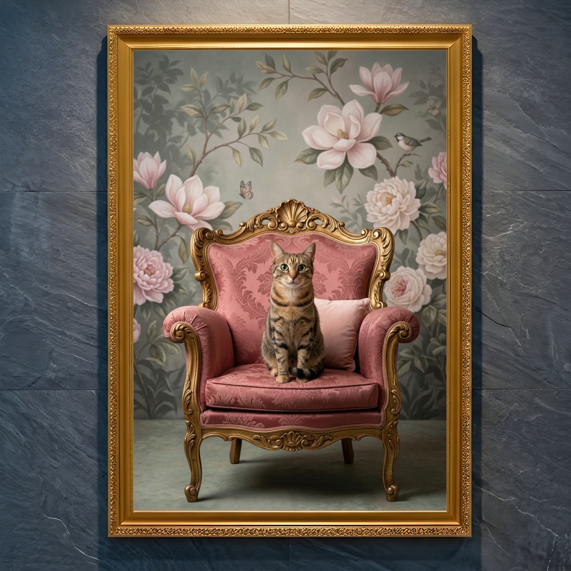 猫のシャビーピンクの油絵風アートロココ調額装プリント(A4金縁)