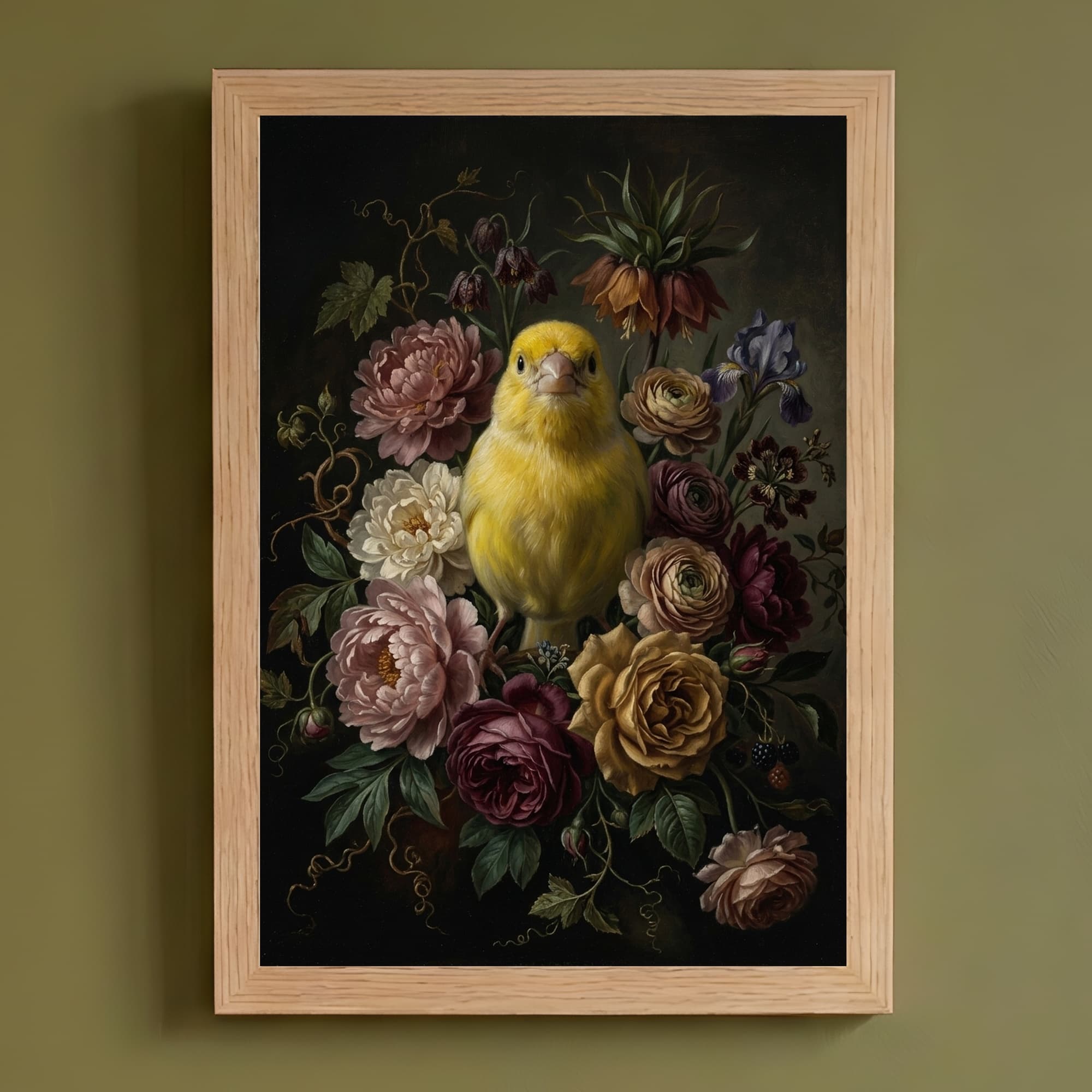 カナリアの花の油絵風アート花柄額装プリント(A4サイズ)