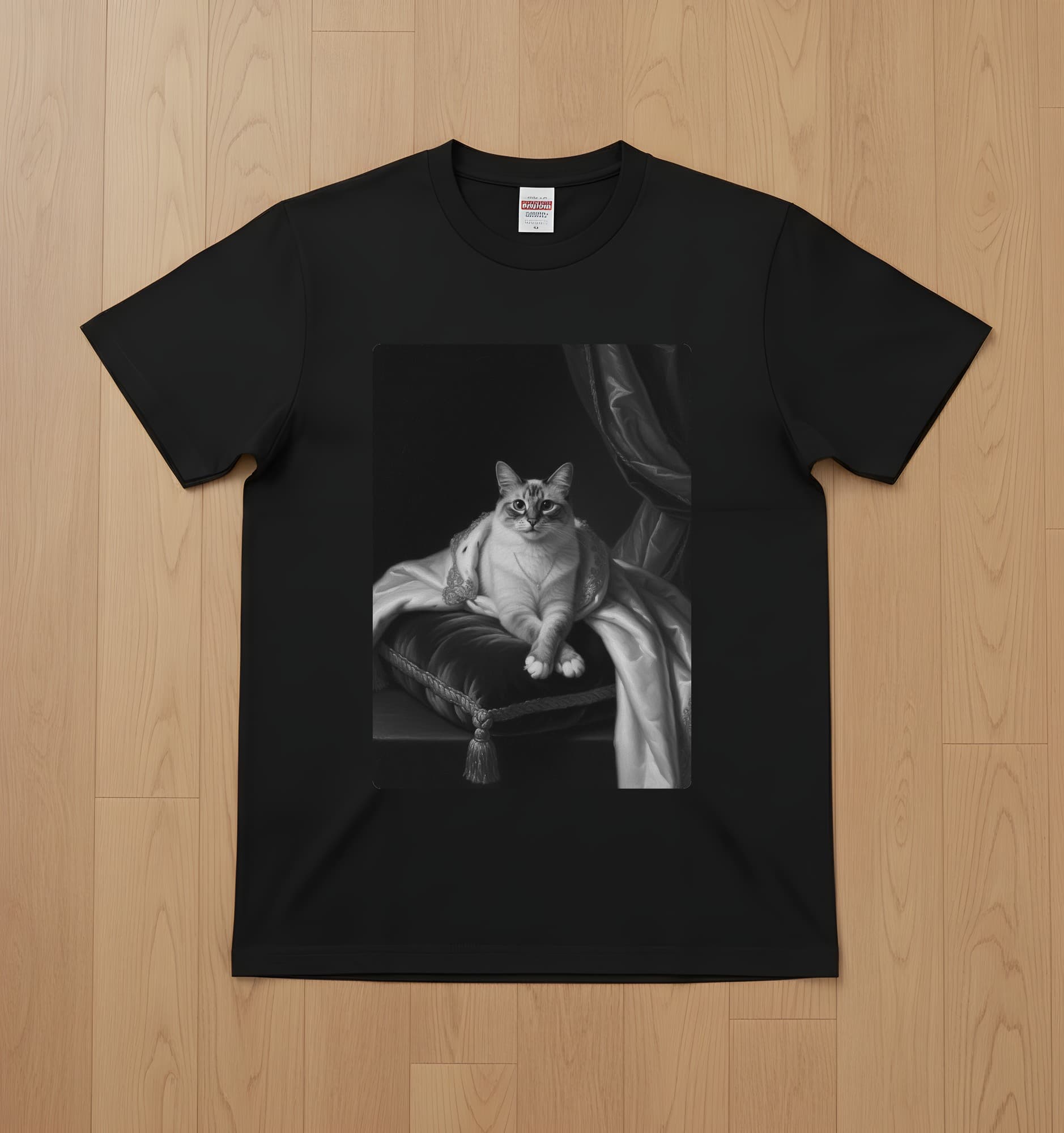 バーマンのルネサンス肖像画Tシャツ(ブラック・モノクロプリント・額縁デザインあり)