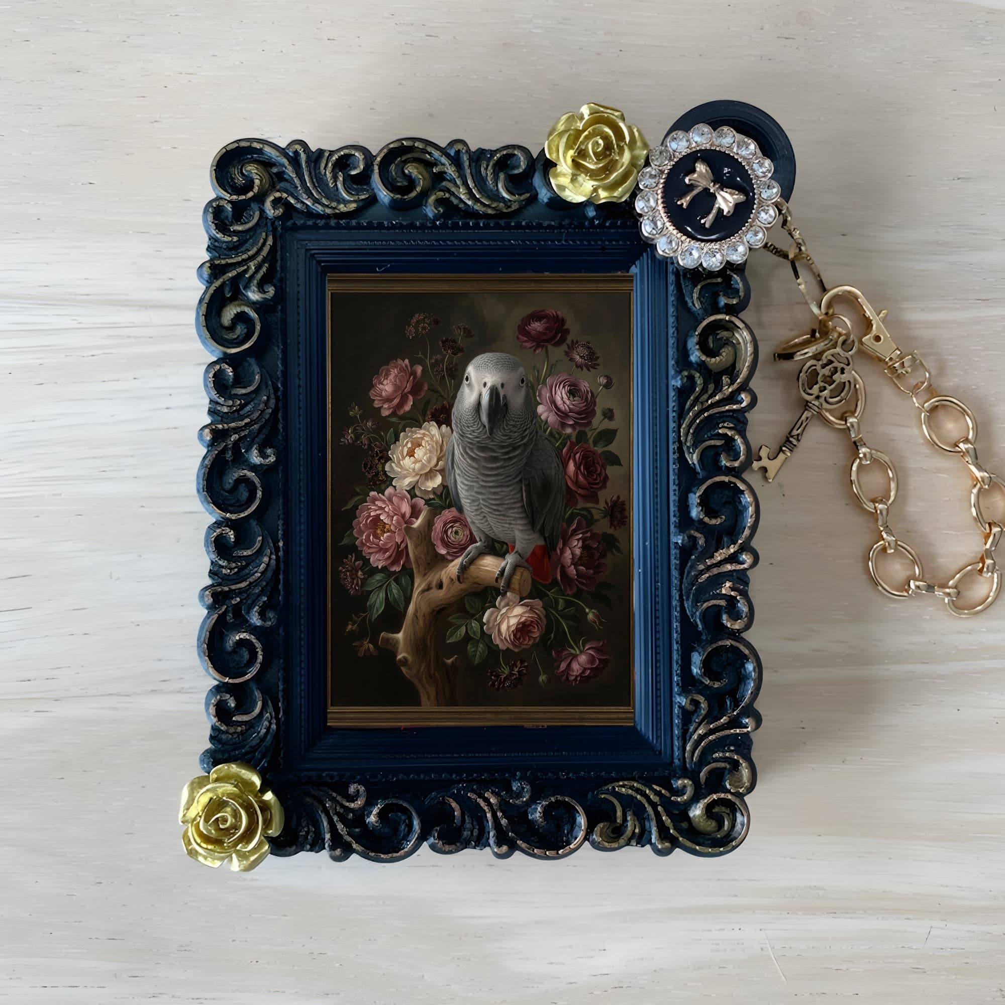 African Grey Parrot Floral Oil-Painting Floral Bag Charm (Black)