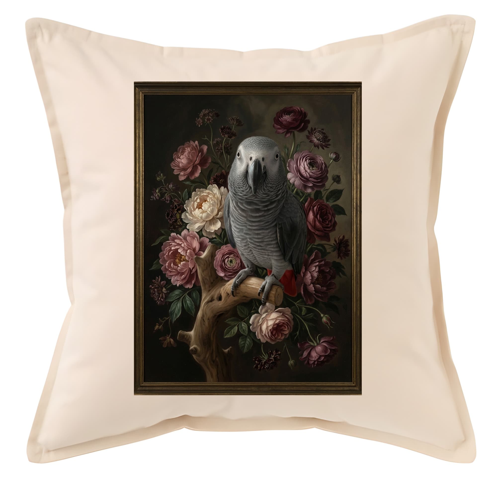 African Grey Parrot Floral Oil-Painting Floral Cushion