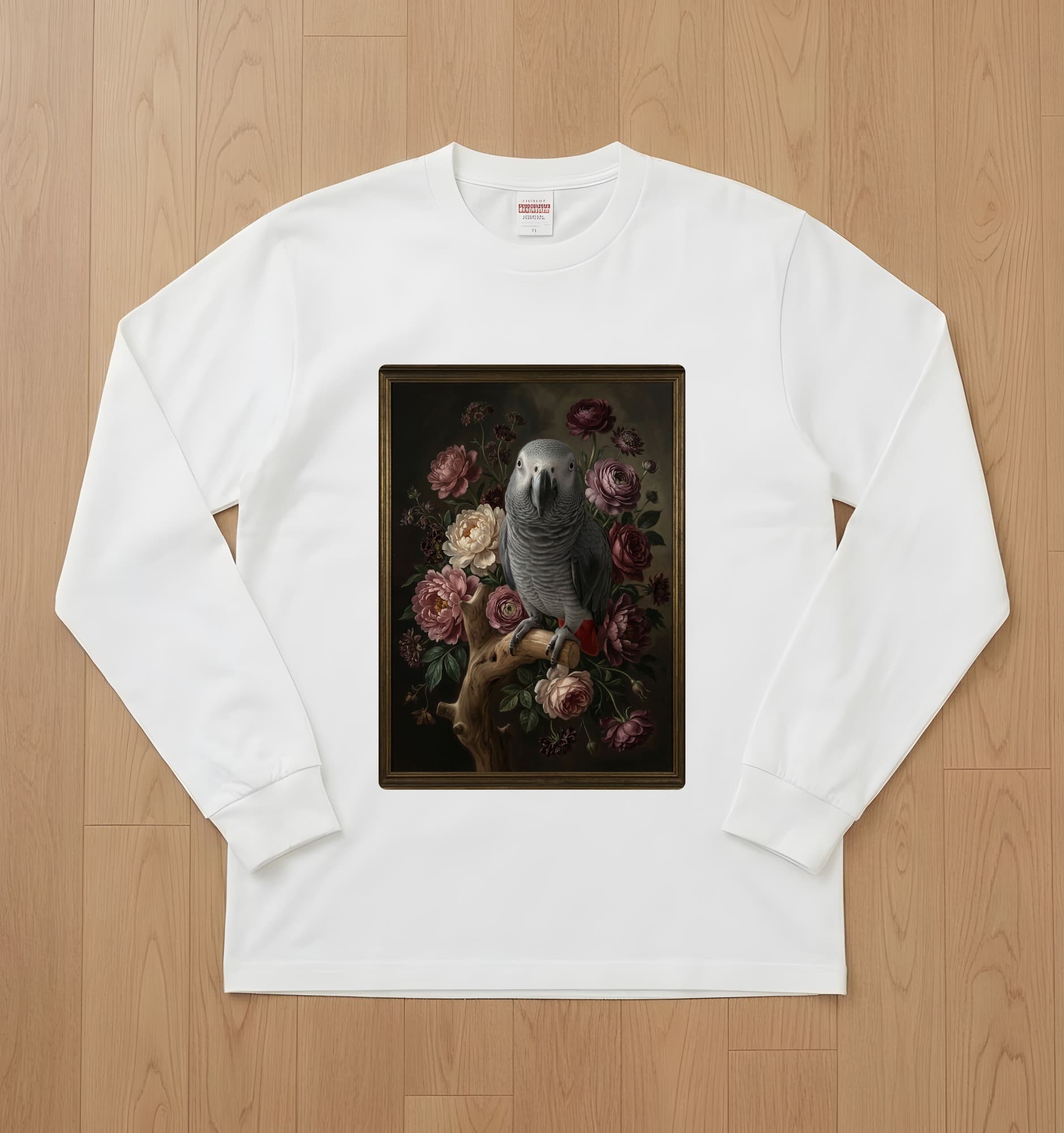 ヨウムの花の油絵風アート花柄長袖Tシャツ(ホワイト)