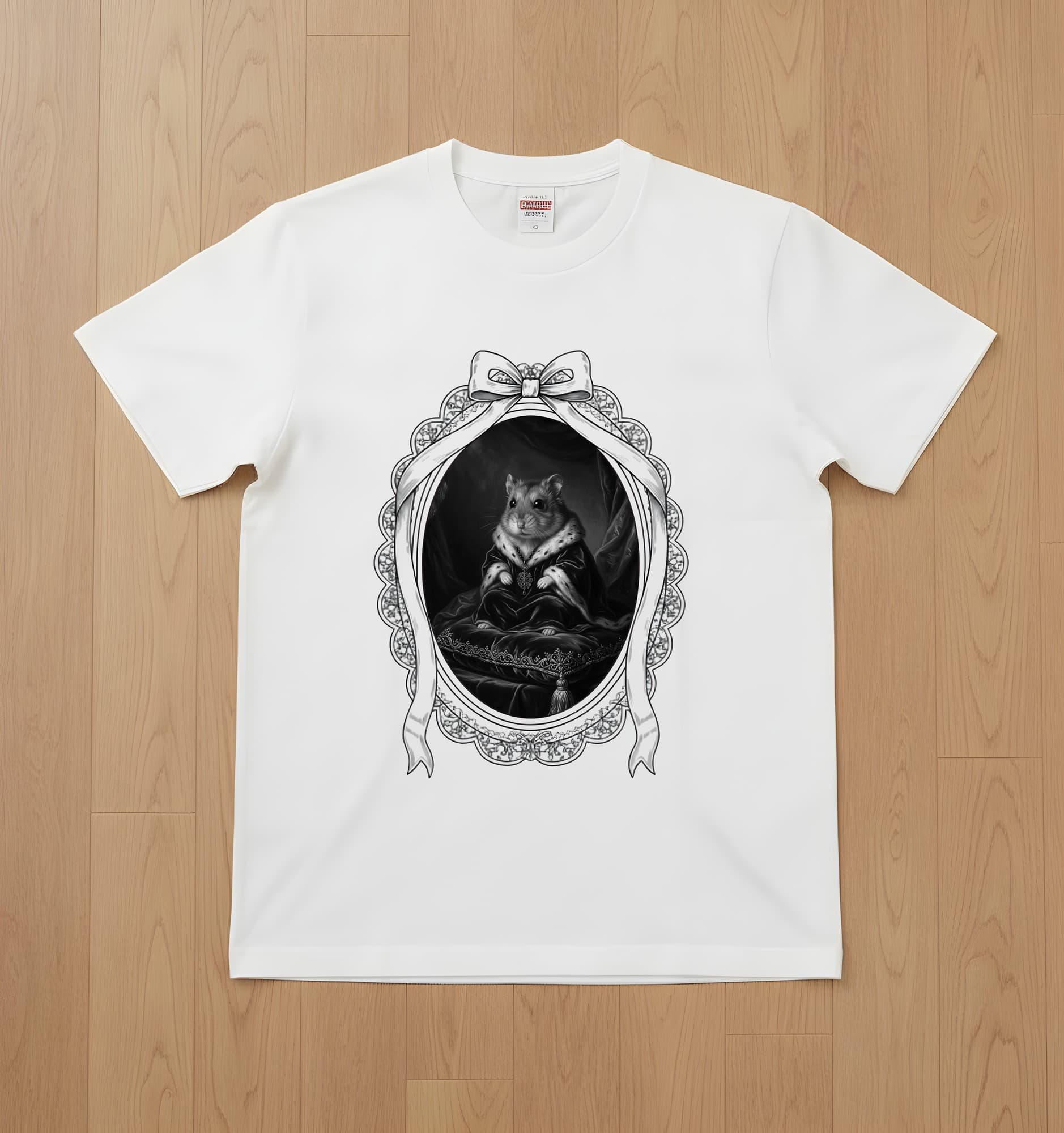 Djungarian hamster Renaissance Portrait T-Shirt (White, Monochrome Print, Framed Design)