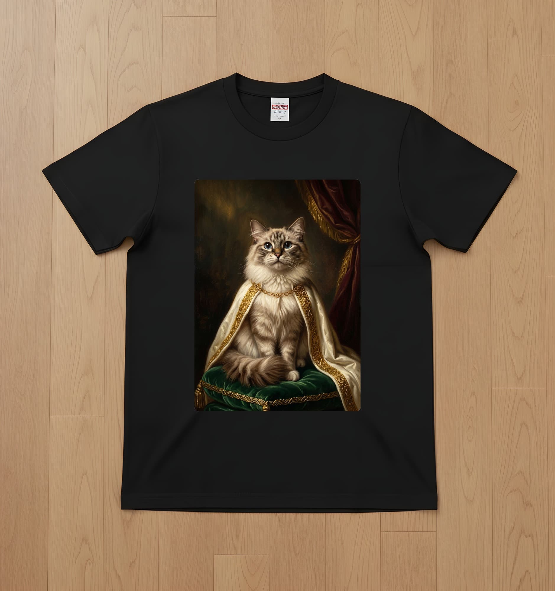 ラグドールのルネサンス肖像画Tシャツ(ブラック・カラープリント・額縁なし)