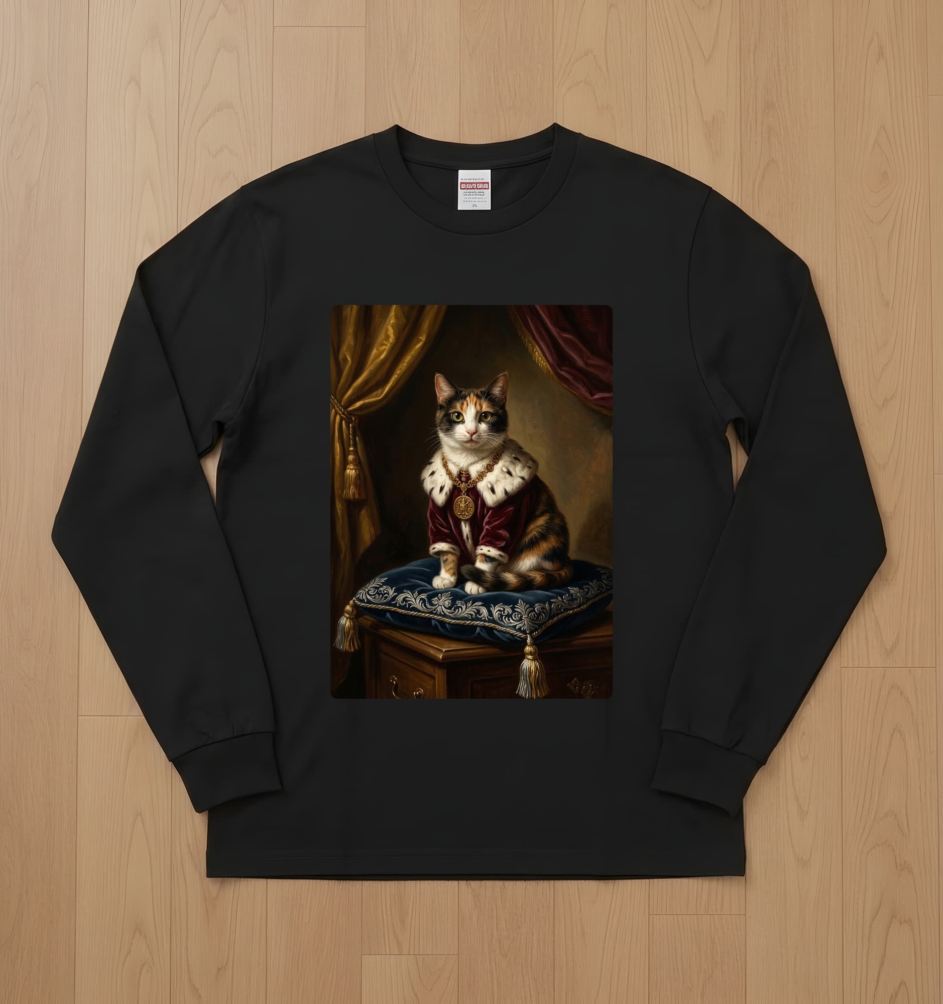 猫のルネサンス肖像画長袖Tシャツ(ブラック)