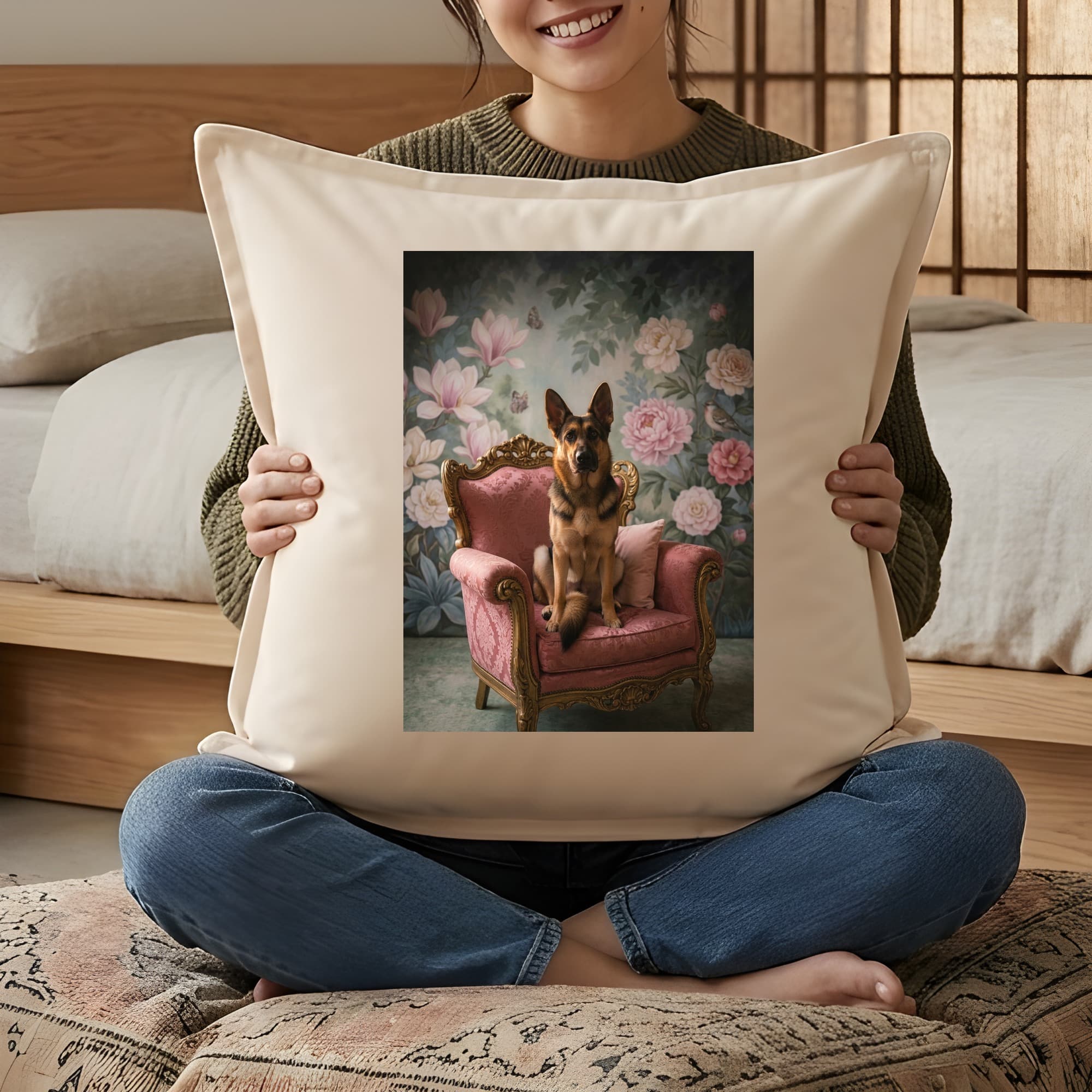 German shepherd Shabby Pink Oil-Painting Rococo Cushion 3
