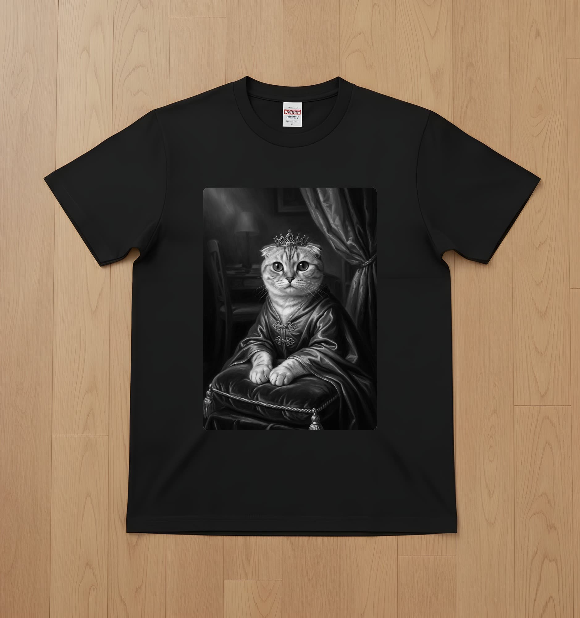 Scottish Fold Renaissance Portrait T-Shirt (Black, Monochrome Print, No Frame)