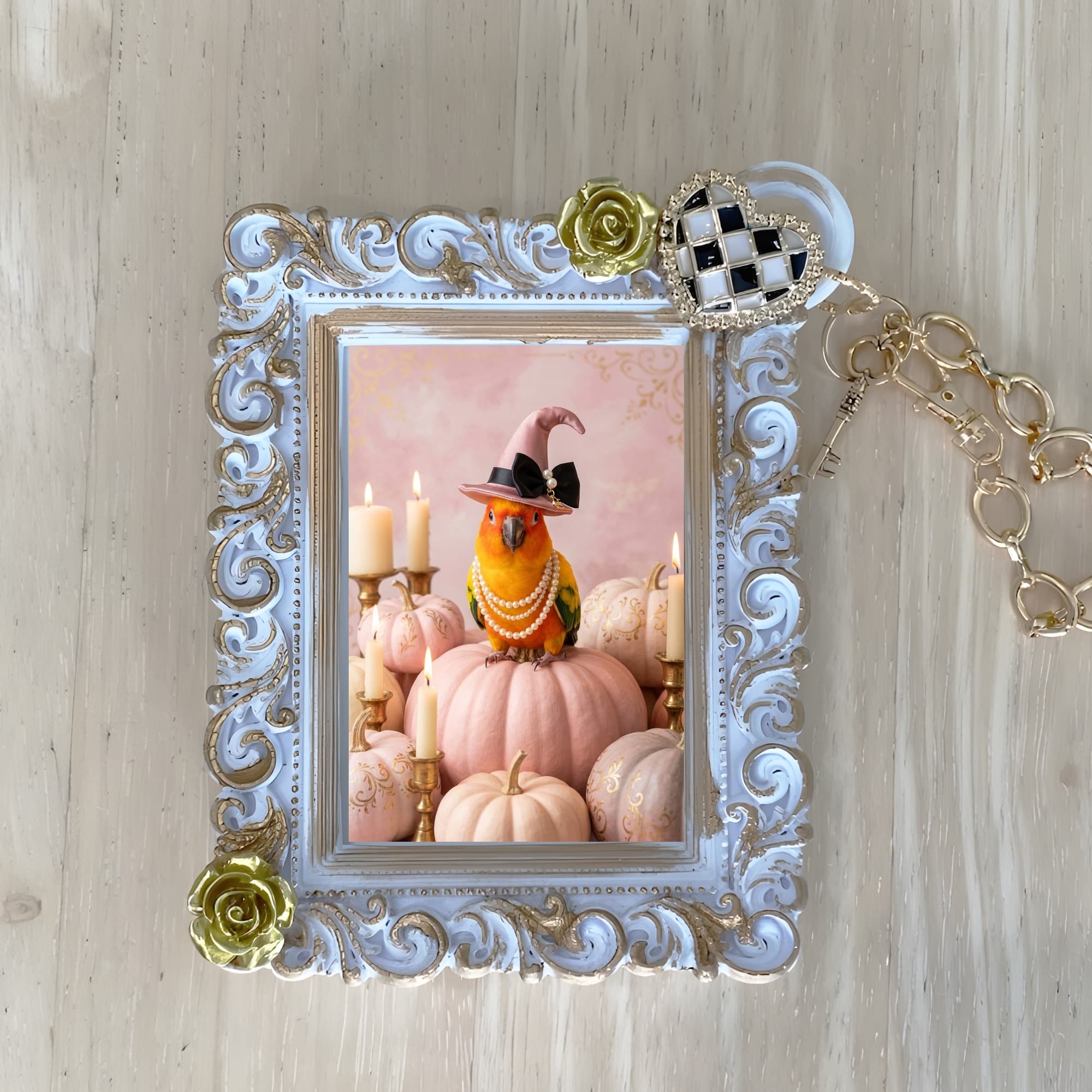 Sun Conure Pumpkin & Candlelight Oil-Painting Halloween Bag Charm (White)