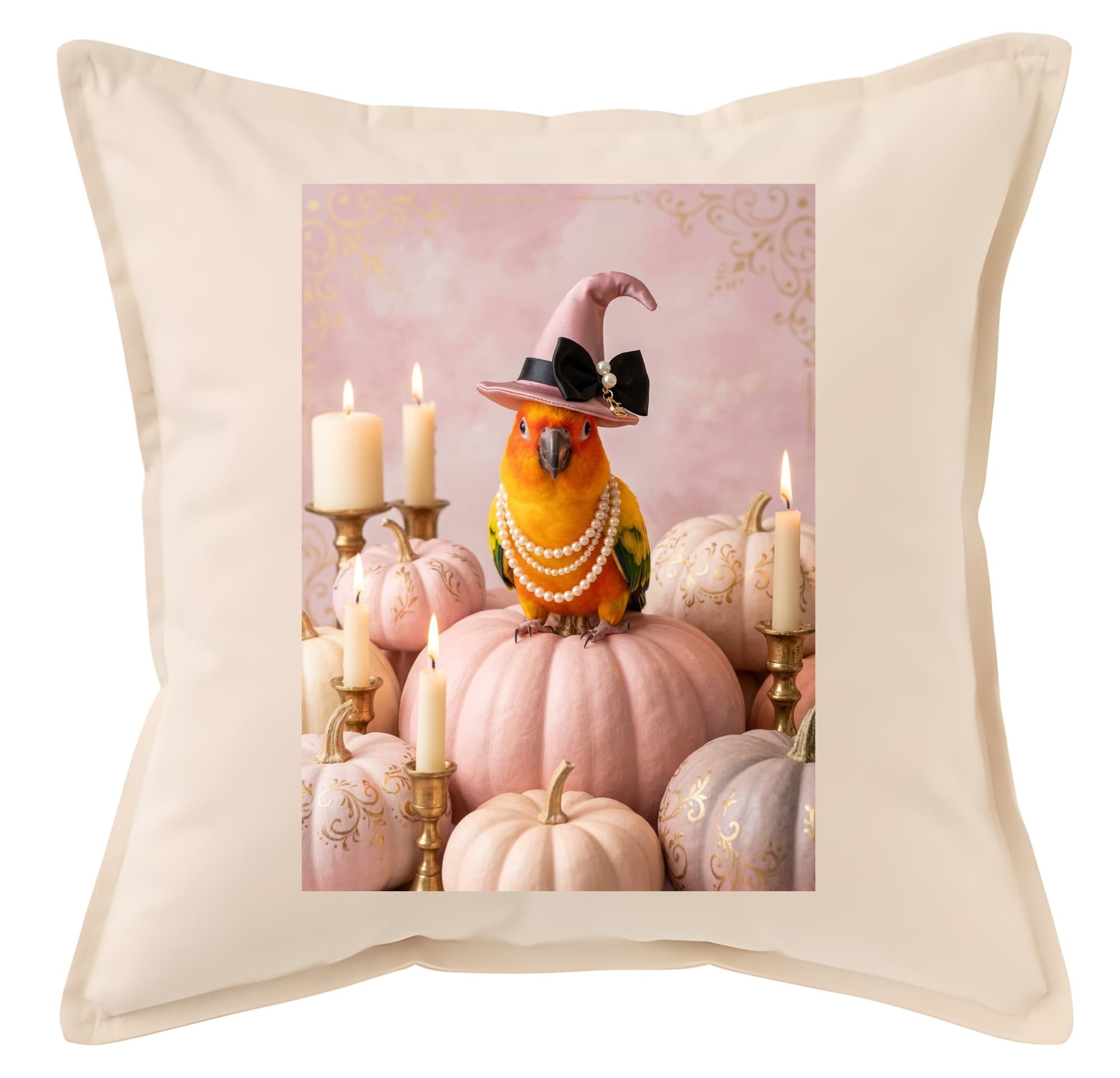 Sun Conure Pumpkin & Candlelight Oil-Painting Halloween Cushion