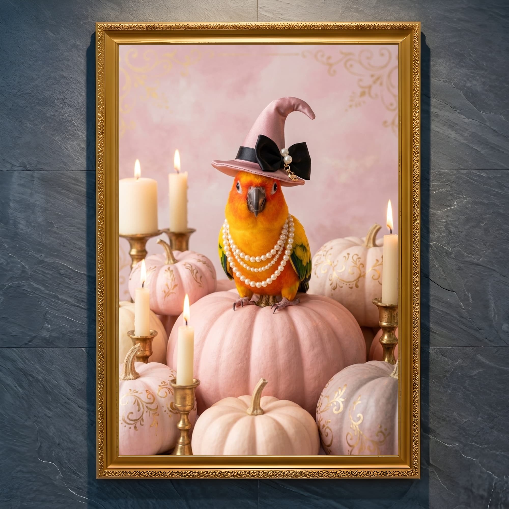 コガネメキシコインコのかぼちゃとキャンドルの油絵風アートハロウィン額装プリント(A4金縁)