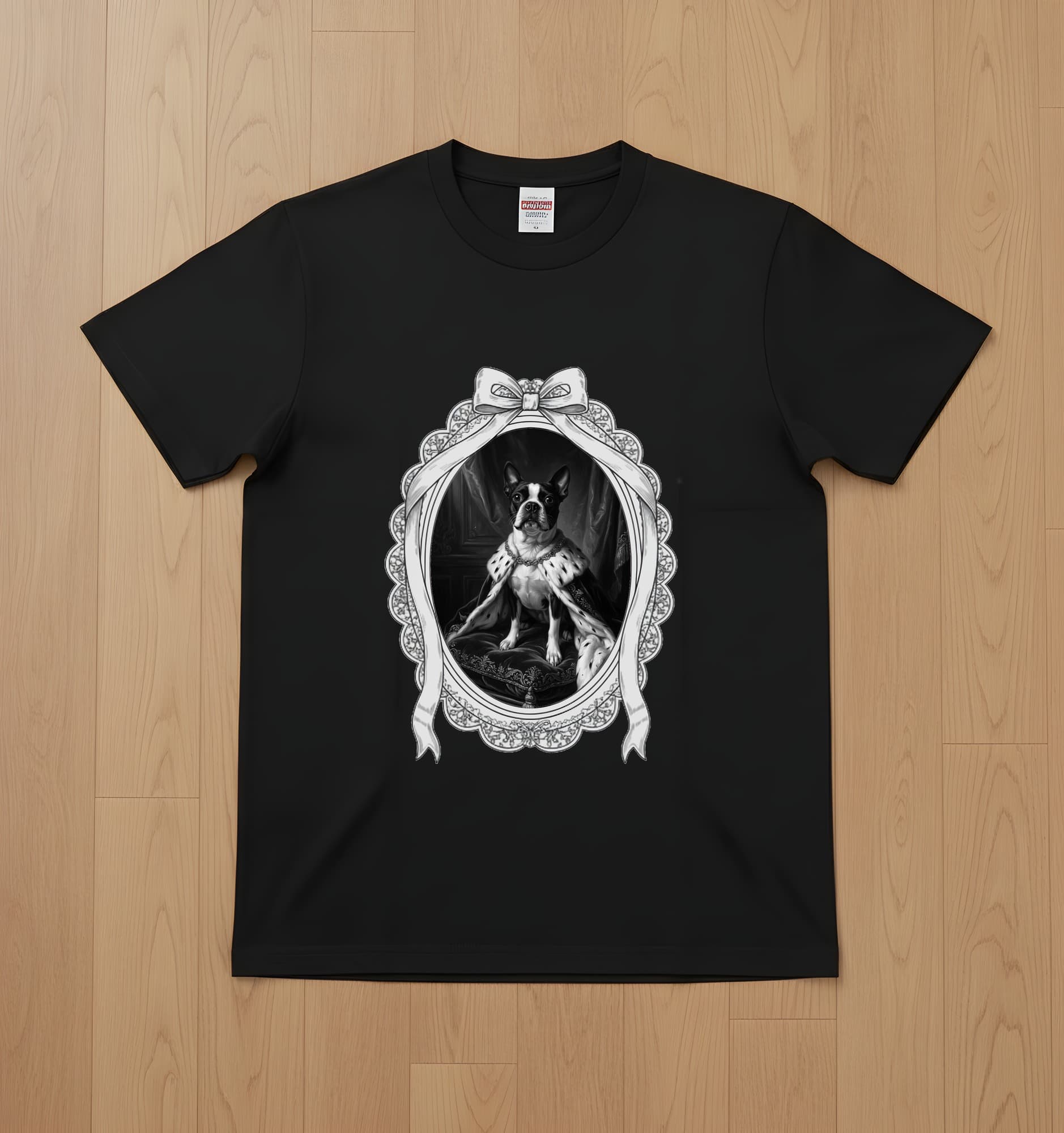 ボストンテリアのルネサンス肖像画Tシャツ(ブラック・モノクロプリント・額縁デザインあり)