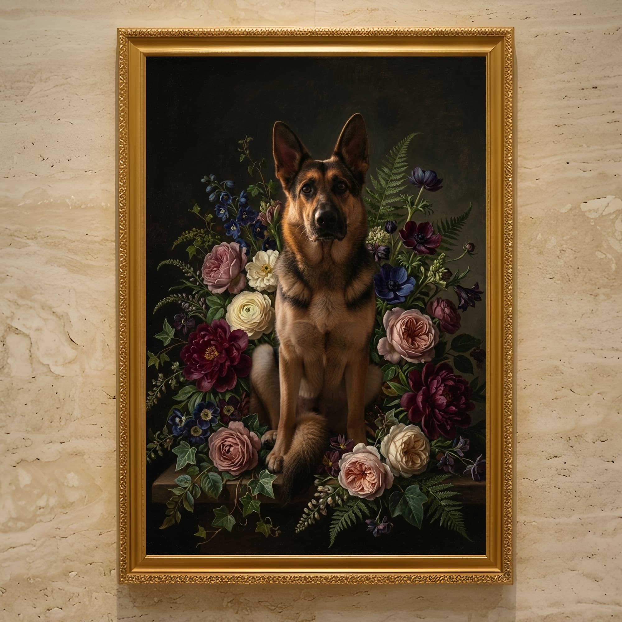 German shepherd Floral Oil-Painting Floral Framed Art Print (A3)