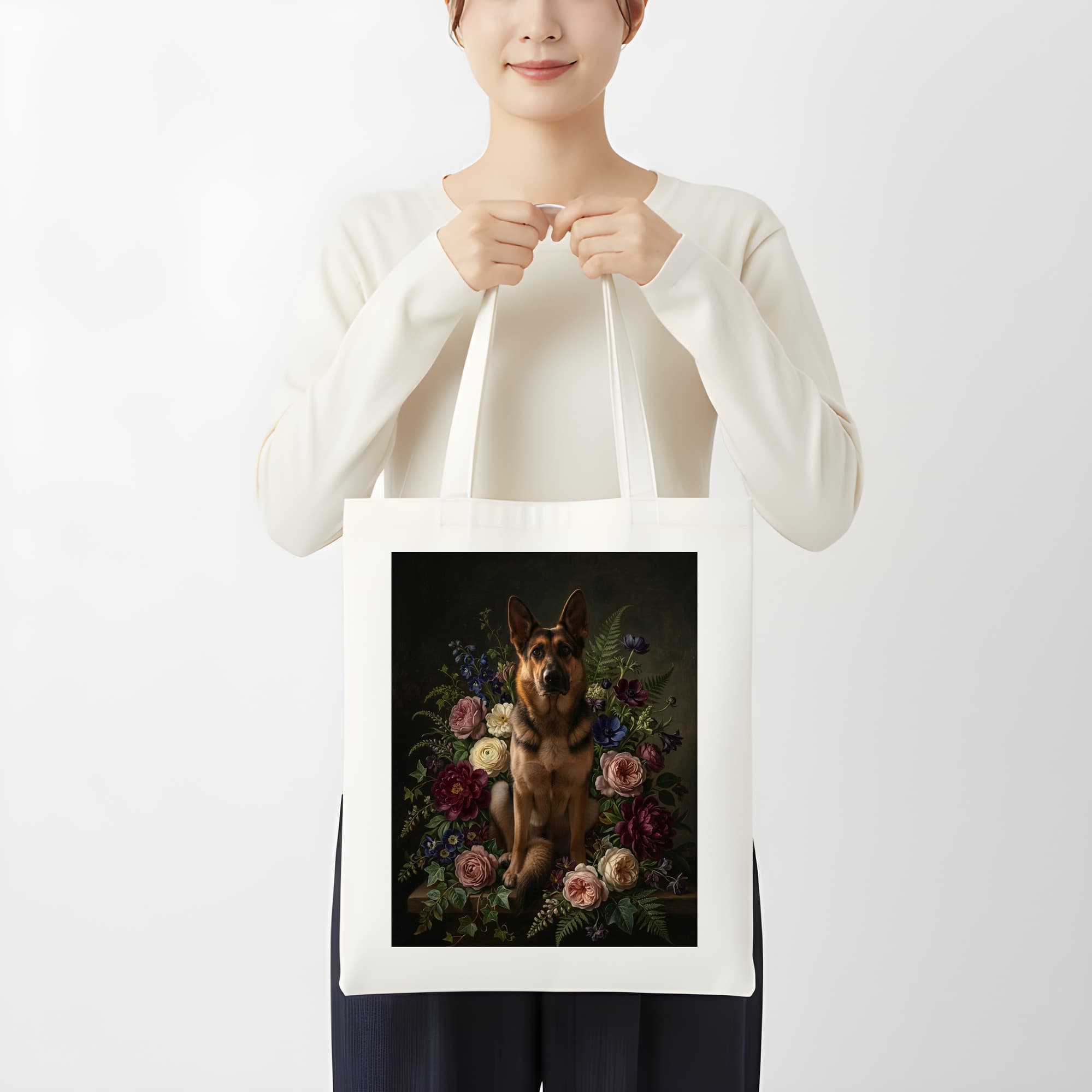 ジャーマンシェパードの花の油絵風アート花柄トートバッグ 3