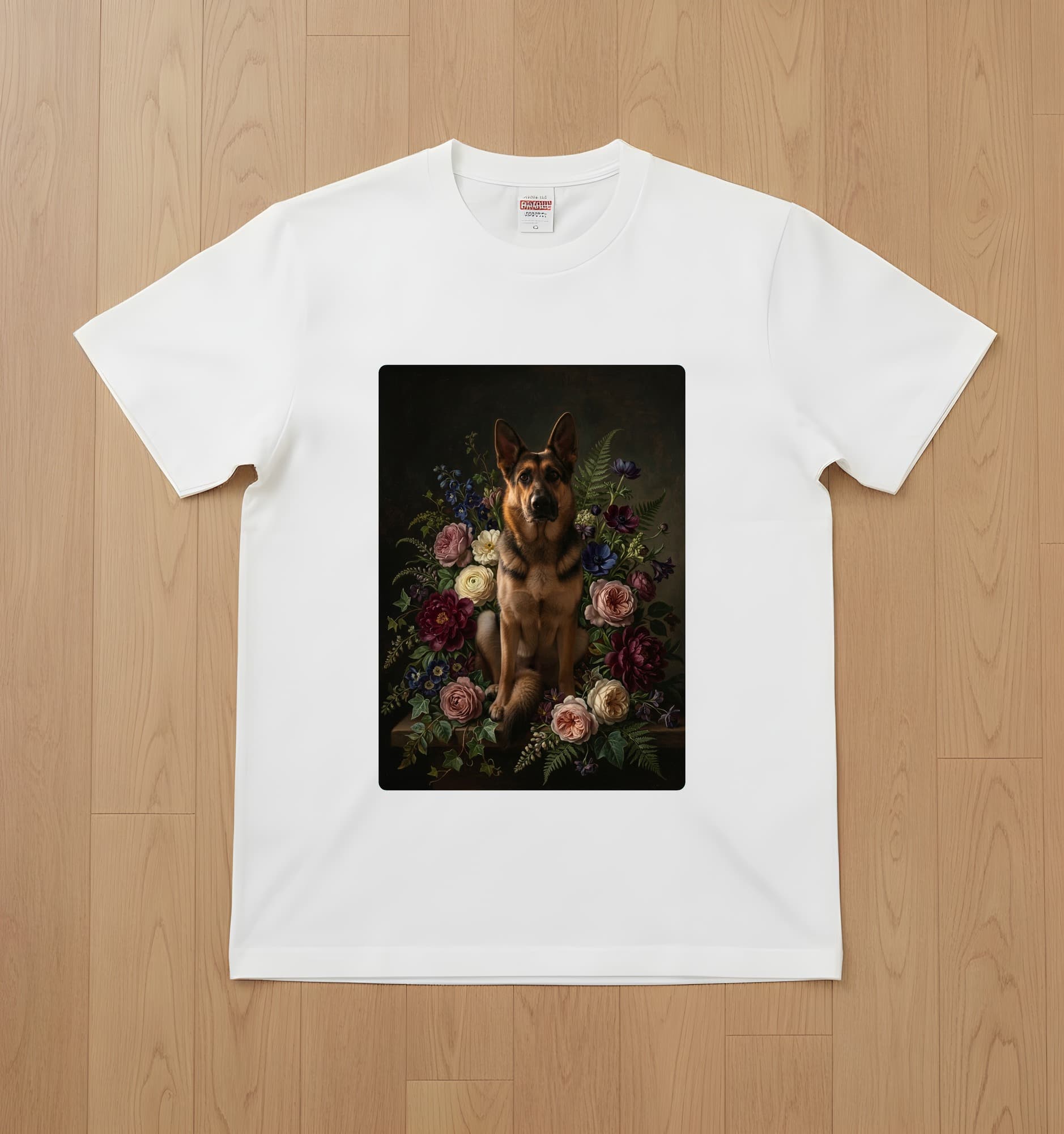 ジャーマンシェパードの花の油絵風アート花柄Tシャツ(ブラック)