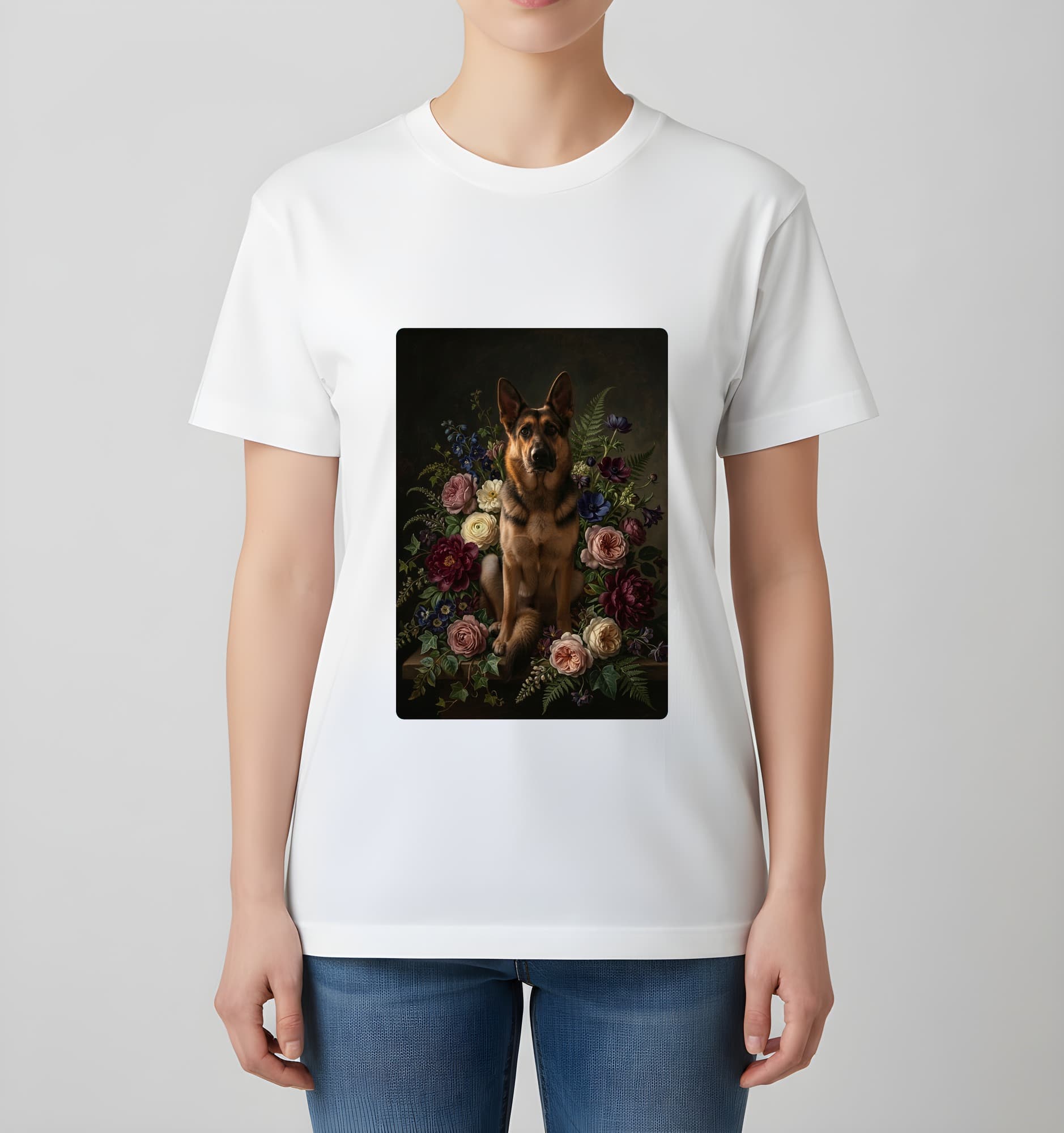 ジャーマンシェパードの花の油絵風アート花柄Tシャツ(ホワイト) 4