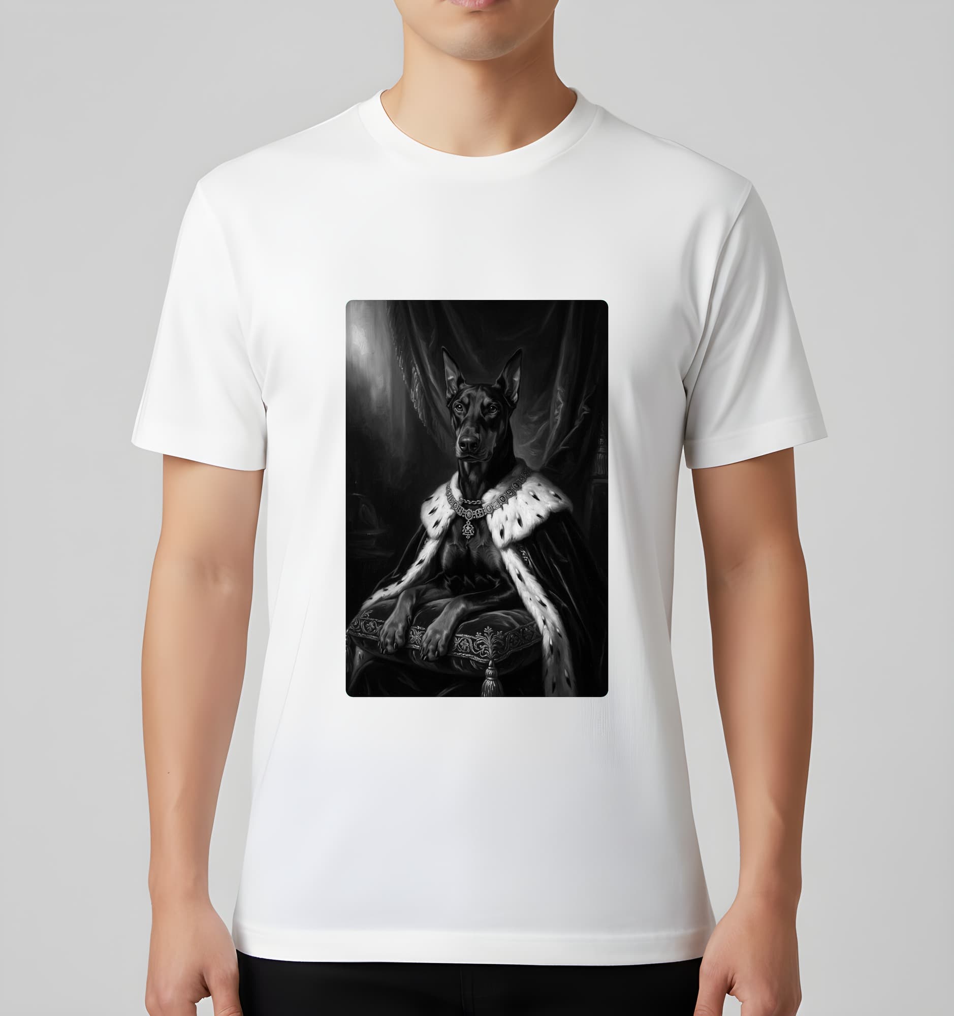 ドーベルマンのルネサンス肖像画Tシャツ(ホワイト・モノクロプリント・額縁なし) 3