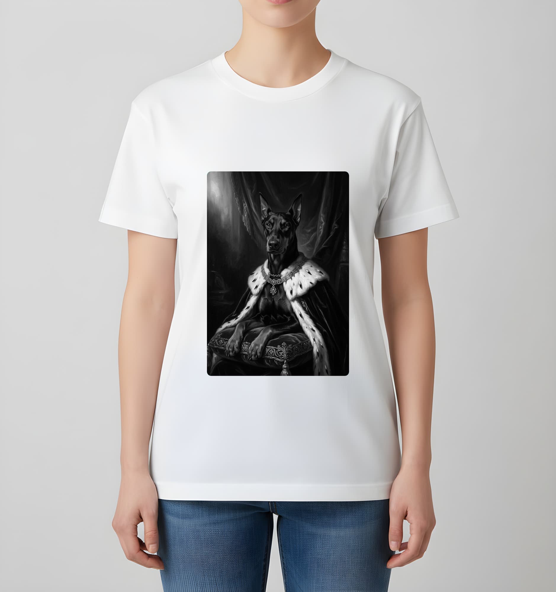 ドーベルマンのルネサンス肖像画Tシャツ(ホワイト・モノクロプリント・額縁なし) 4