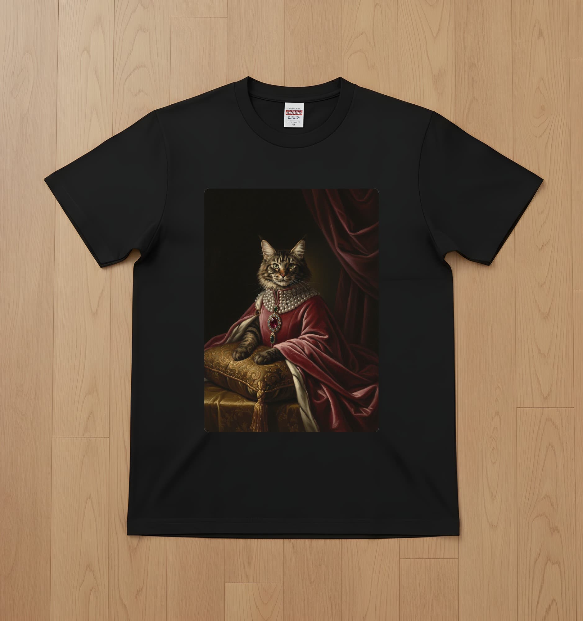 メインクーンのルネサンス肖像画Tシャツ(ブラック・カラープリント・額縁なし)