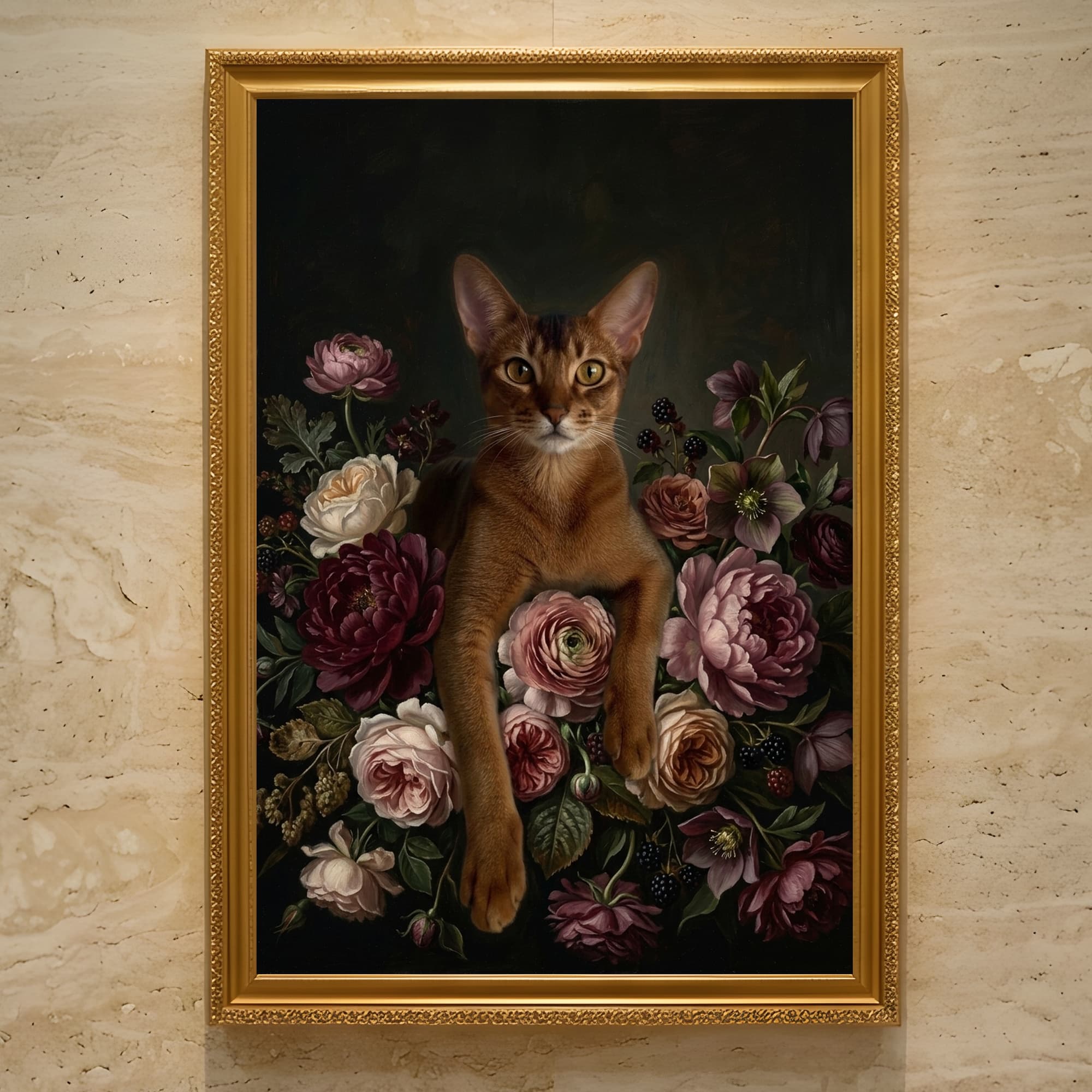 アビシニアンの花の油絵風アート花柄額装プリント(A3サイズ)