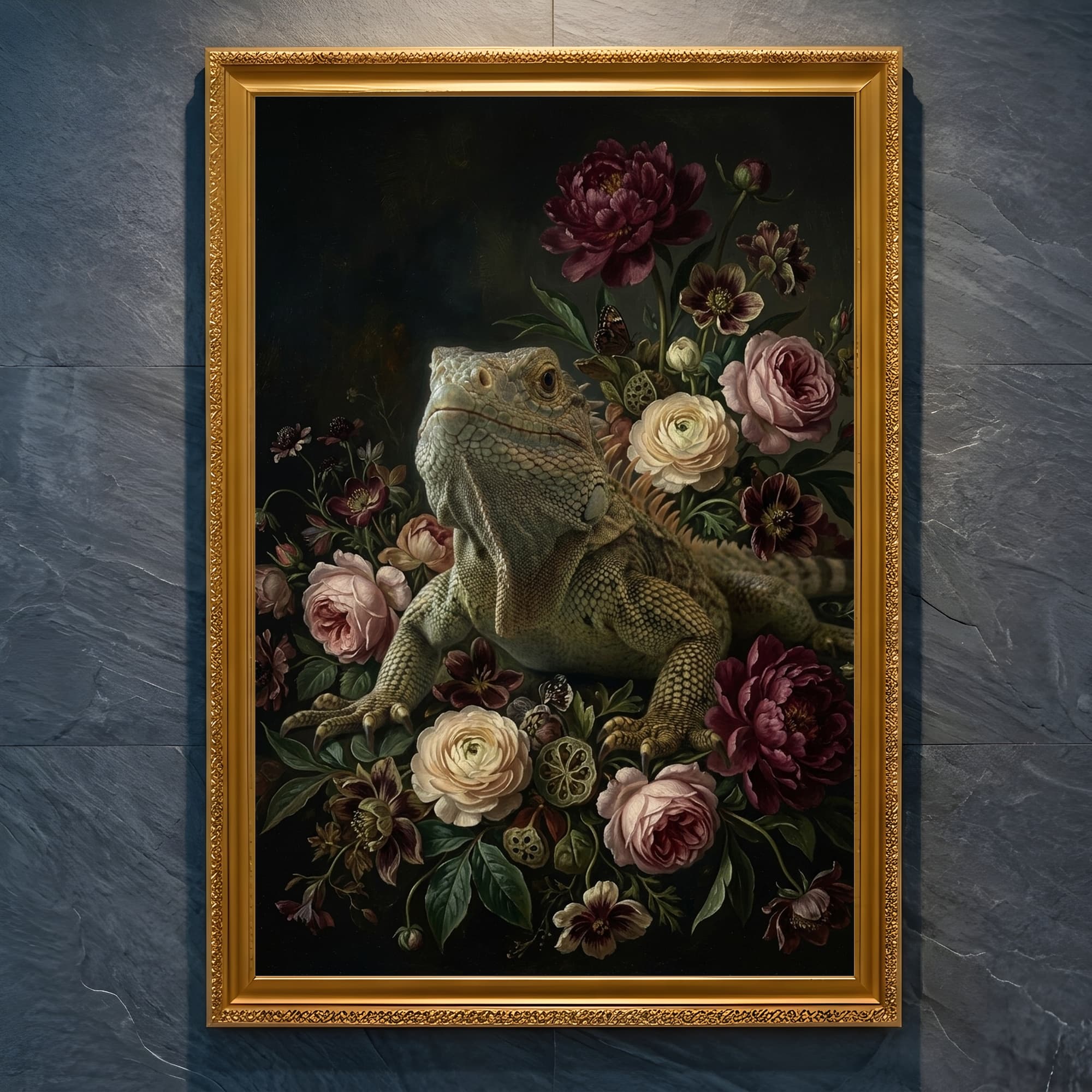 トゲオイグアナの花の油絵風アート花柄額装プリント(A4金縁)