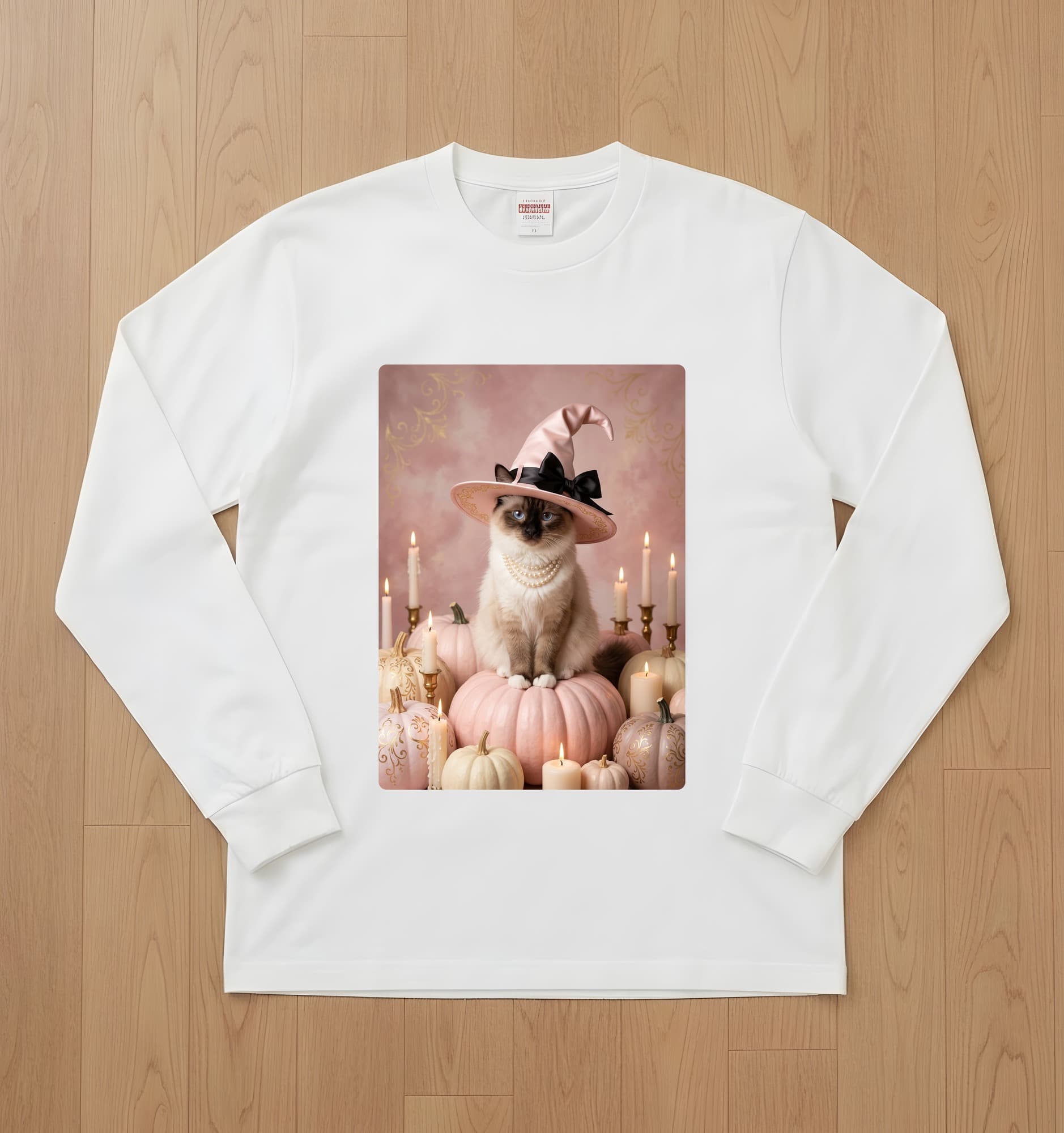 バリニーズのかぼちゃとキャンドルの油絵風アートハロウィン長袖Tシャツ(ホワイト)