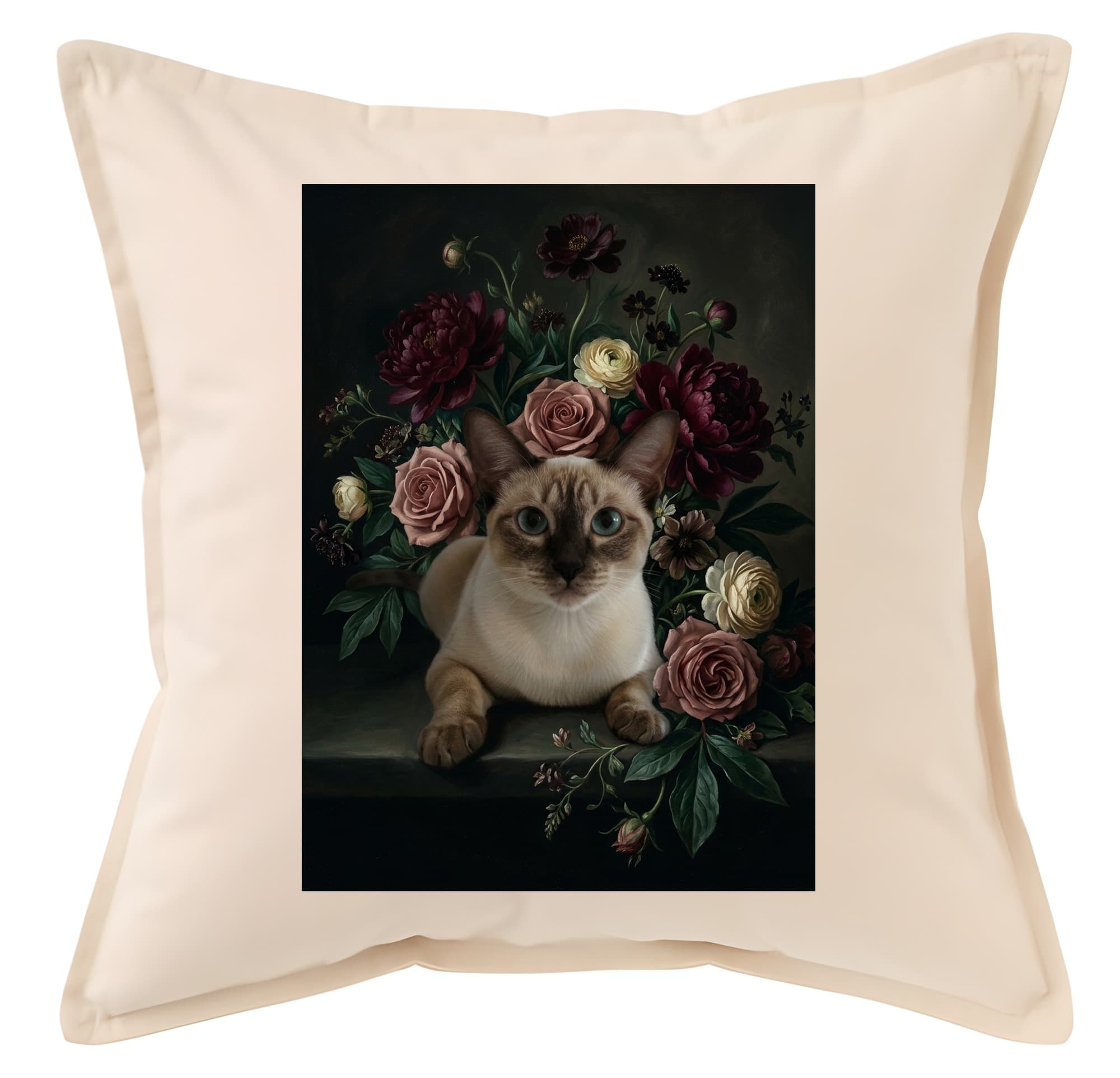 シャム猫の花の油絵風アート花柄クッション