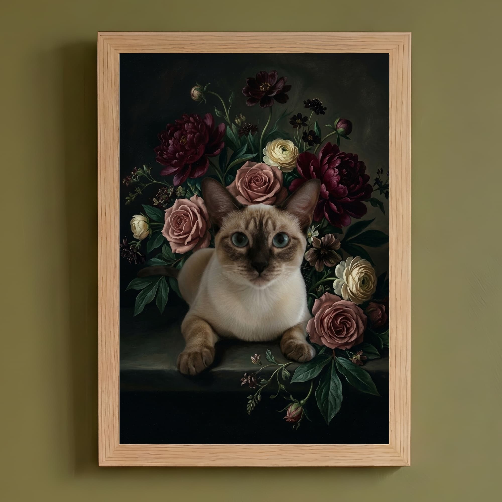 シャム猫の花の油絵風アート花柄額装プリント(A4サイズ)