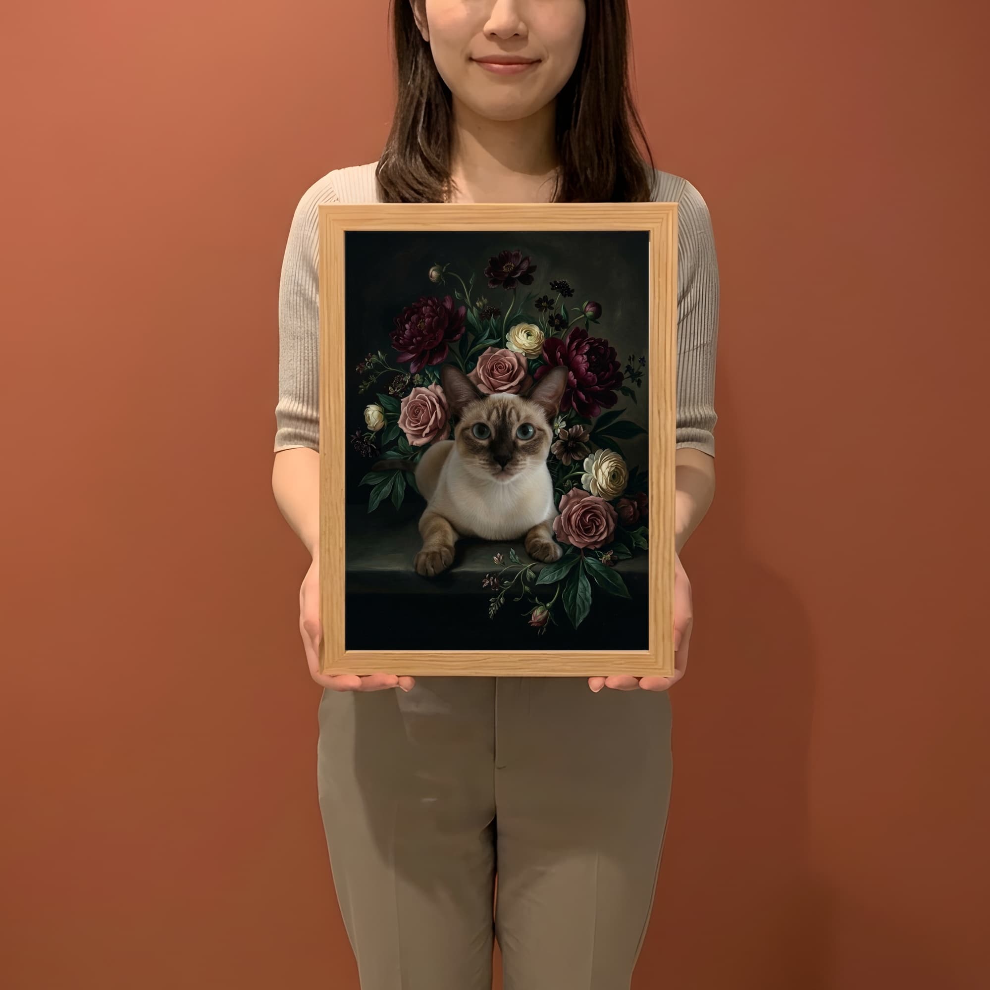 シャム猫の花の油絵風アート花柄額装プリント(A3サイズ) 2