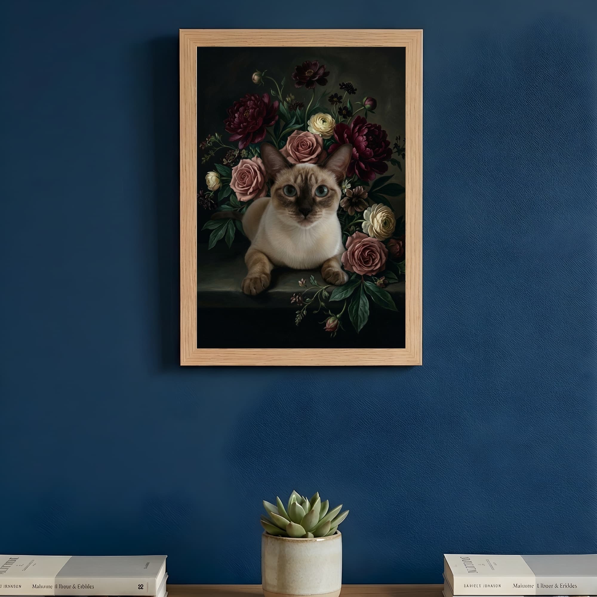 シャム猫の花の油絵風アート花柄額装プリント(A3サイズ) 3