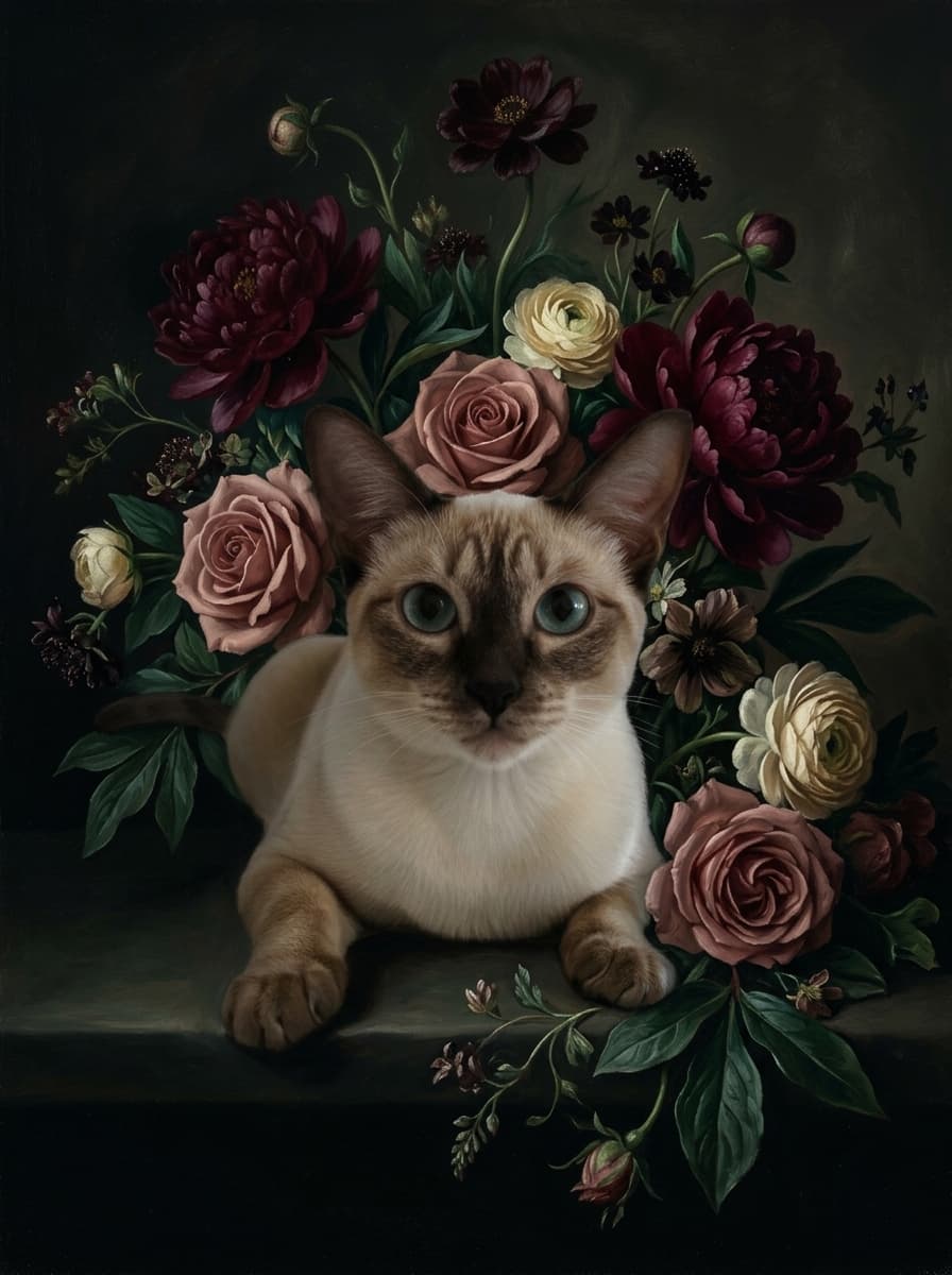 シャム猫の花の油絵風アート花柄額装プリント(A3サイズ) 4