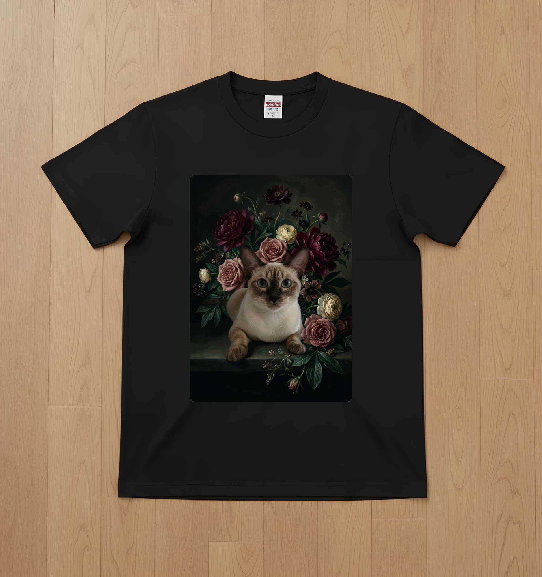 シャム猫の花の油絵風アート花柄Tシャツ(ブラック)