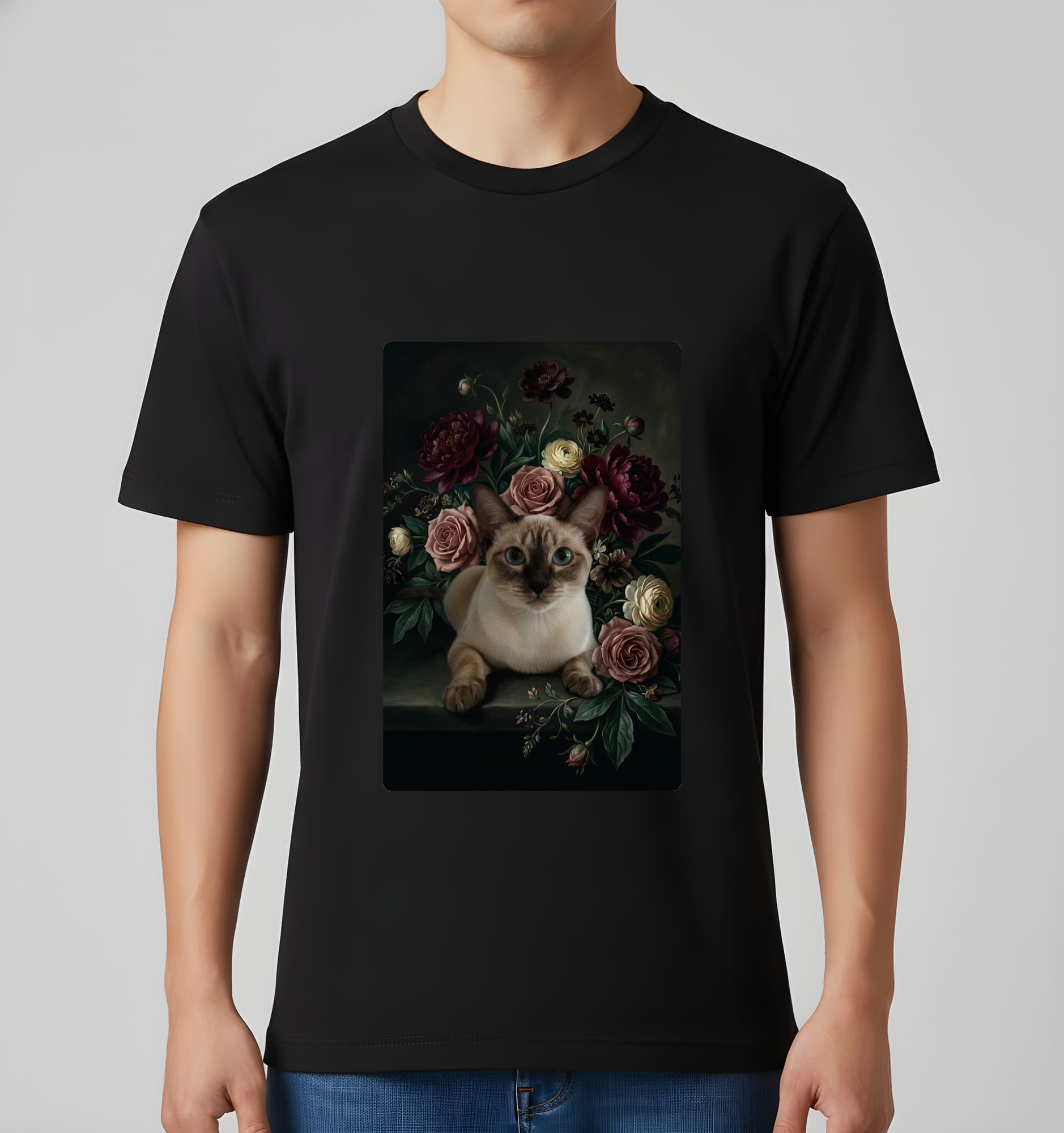 シャム猫の花の油絵風アート花柄Tシャツ(ブラック) 3