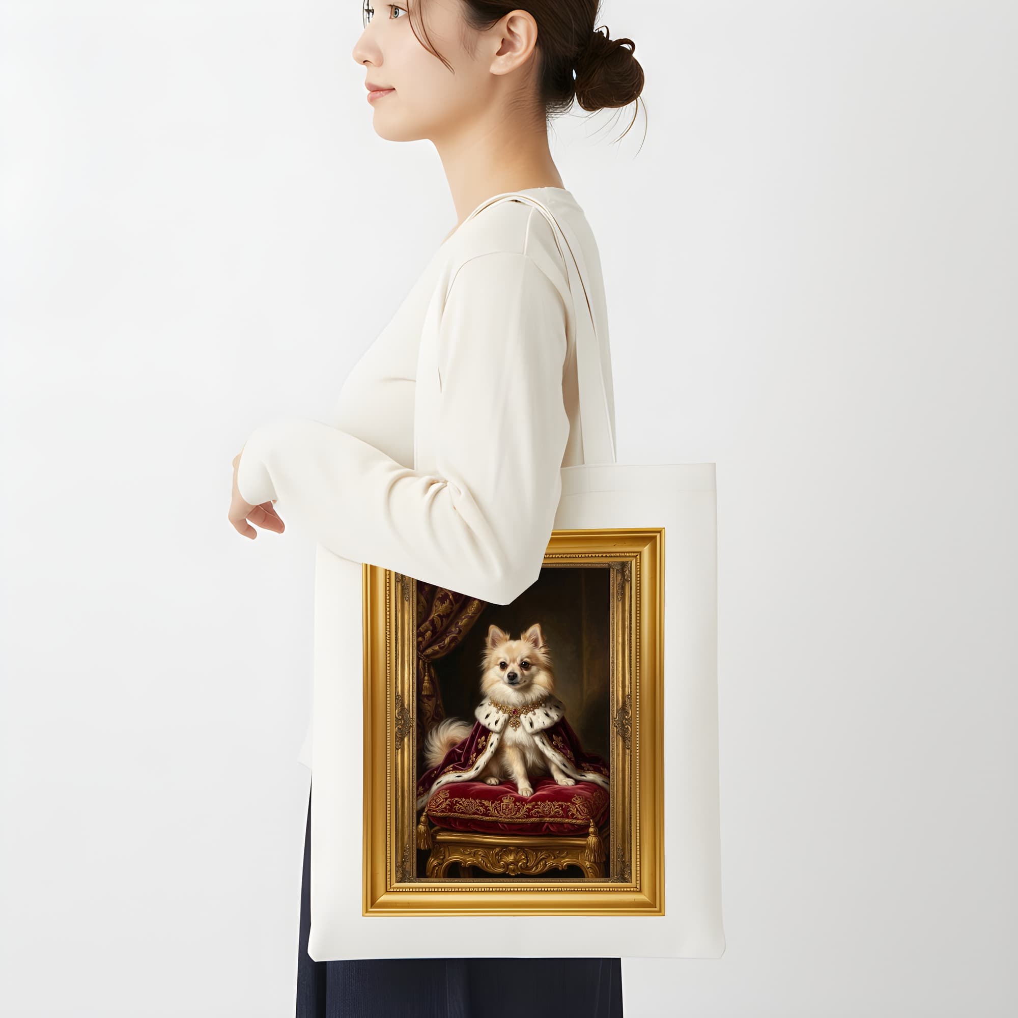 ポメラニアンのルネサンス肖像画トートバッグ(モノクロプリント・額縁デザインあり) 2