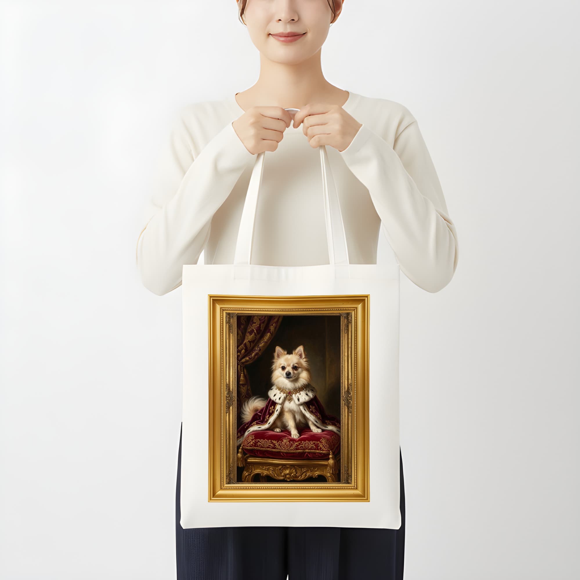 ポメラニアンのルネサンス肖像画トートバッグ(モノクロプリント・額縁デザインあり) 3