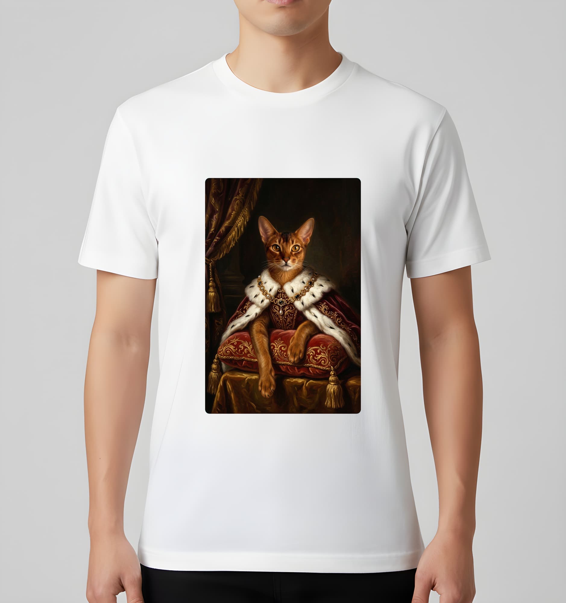 アビシニアンのルネサンス肖像画Tシャツ(ブラック・モノクロプリント・額縁デザインあり) 3