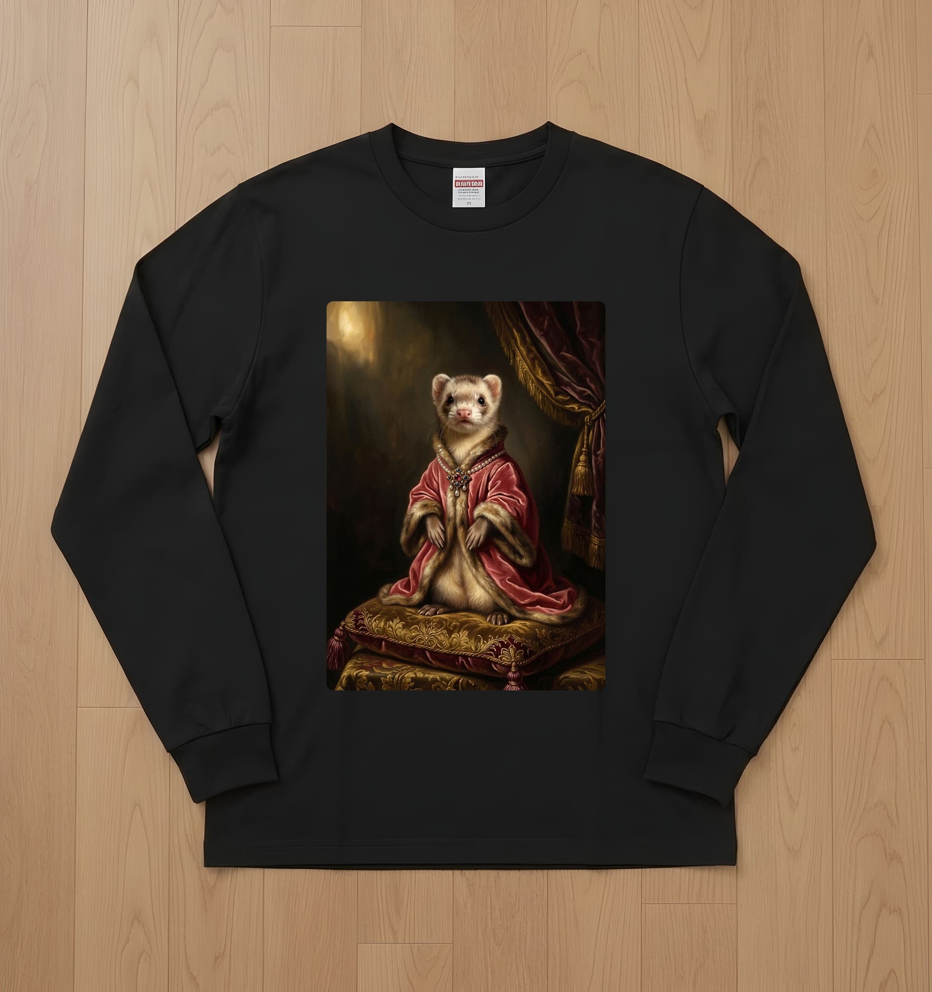 フェレットのルネサンス肖像画長袖Tシャツ(ブラック)