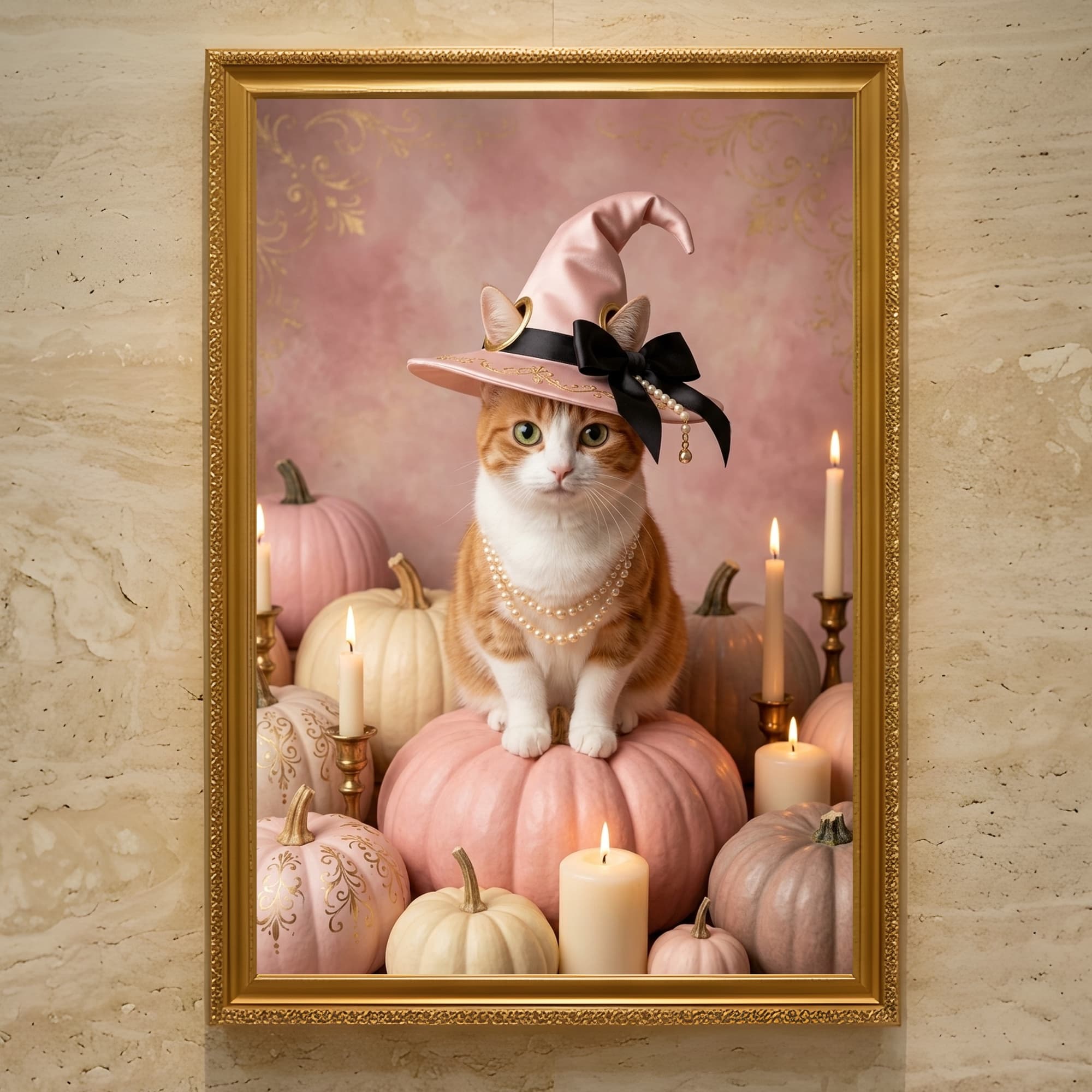 マンチカンのかぼちゃとキャンドルの油絵風アートハロウィン額装プリント(A3サイズ)