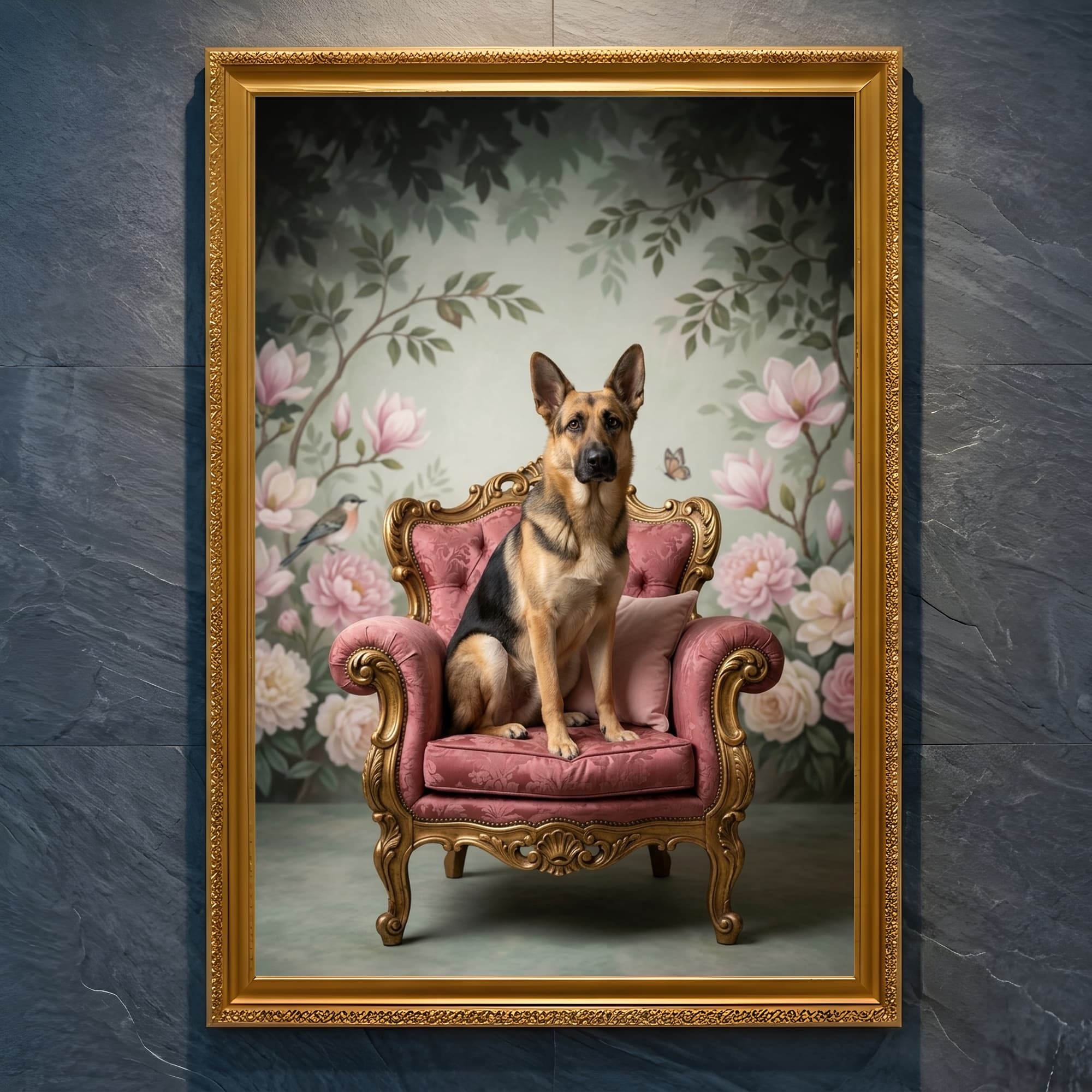 German shepherd Shabby Pink Oil-Painting Rococo Framed Art Print (A4 Gold)