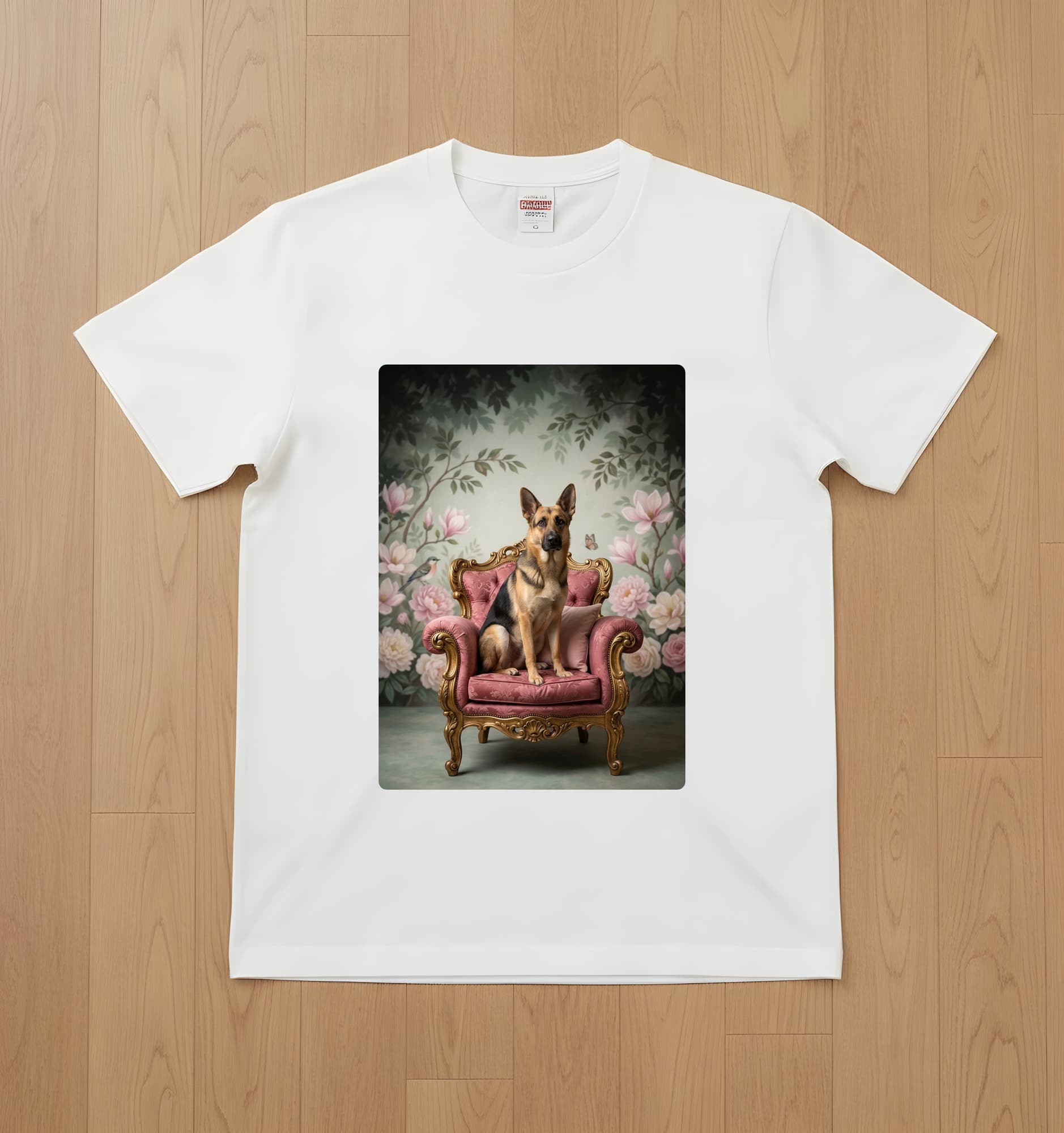 ジャーマンシェパードのシャビーピンクの油絵風アートロココ調Tシャツ(ホワイト)