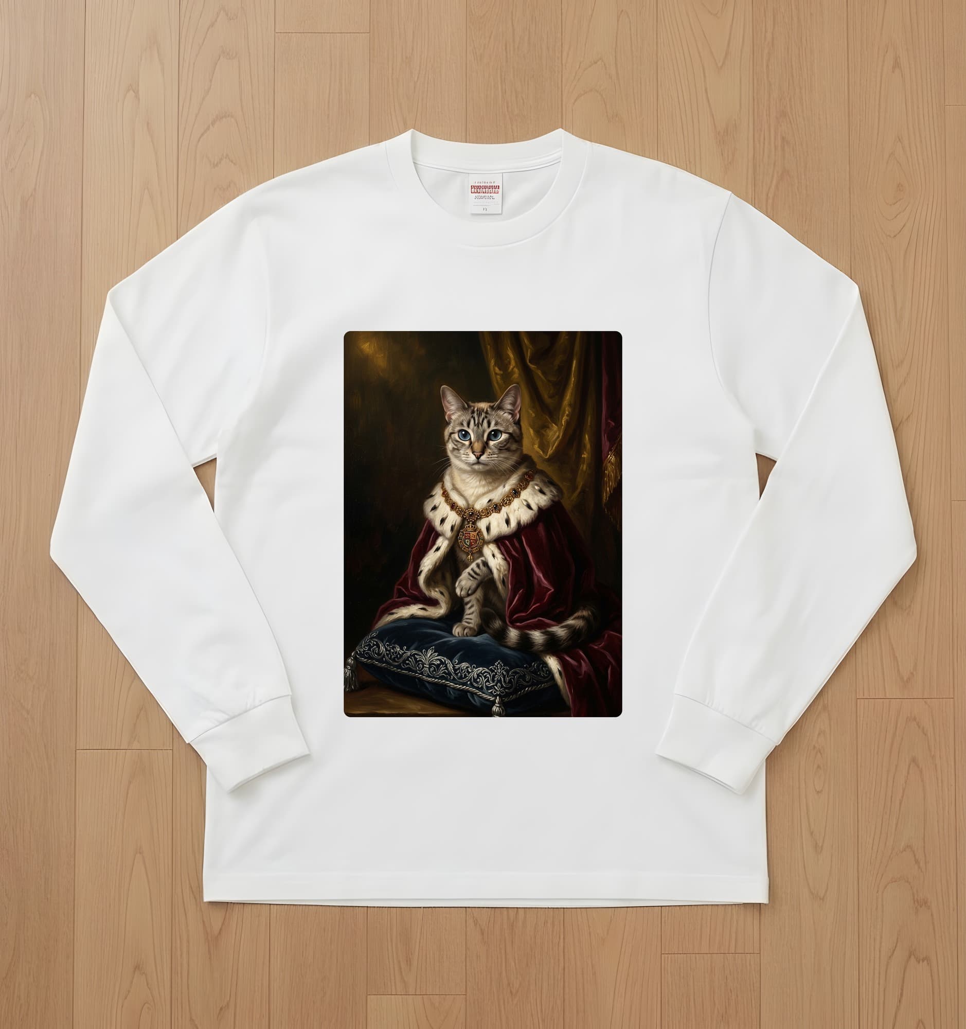 猫のルネサンス肖像画長袖Tシャツ(ホワイト)