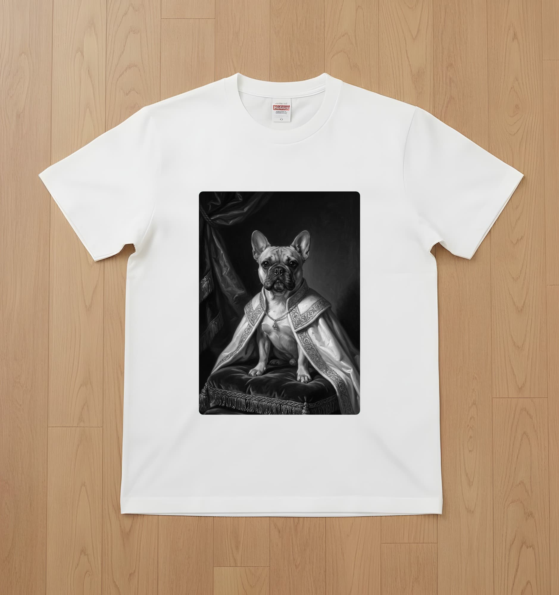 French bulldog Renaissance Portrait T-Shirt (White, Monochrome Print, No Frame)