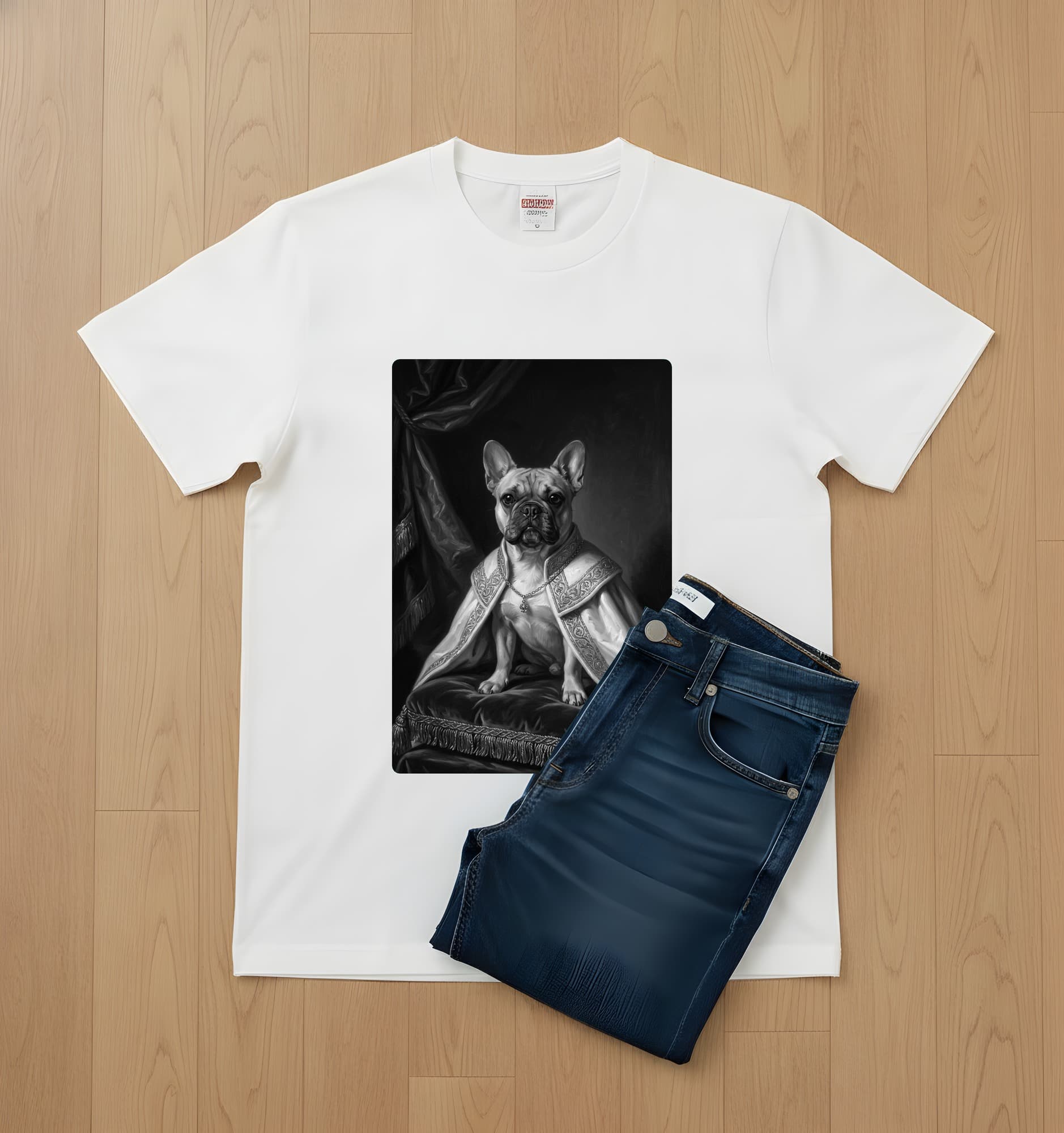 French bulldog Renaissance Portrait T-Shirt (White, Monochrome Print, No Frame) 2