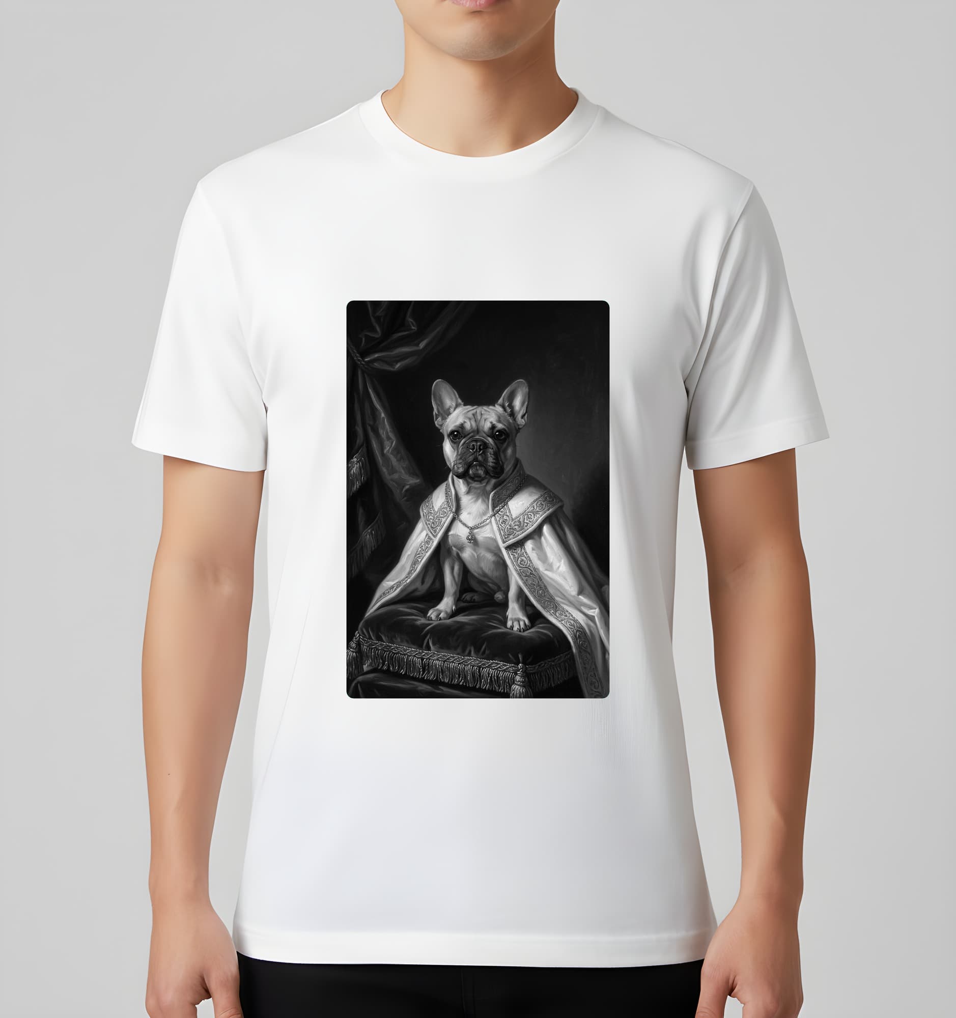 French bulldog Renaissance Portrait T-Shirt (White, Monochrome Print, No Frame) 3
