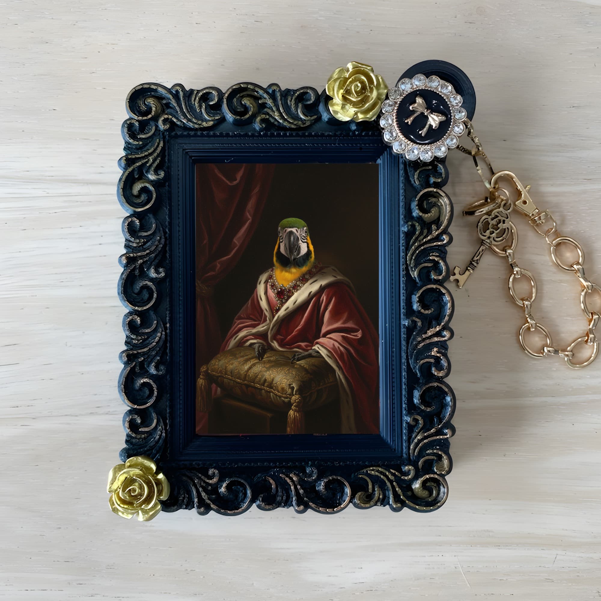 Blue-and-yellow Macaw Renaissance Portrait Bag Charm (Black)
