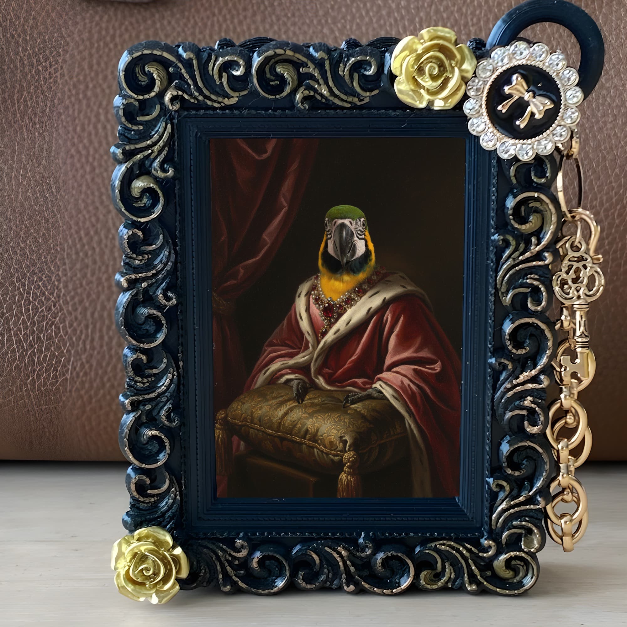 Blue-and-yellow Macaw Renaissance Portrait Bag Charm (Black) 2