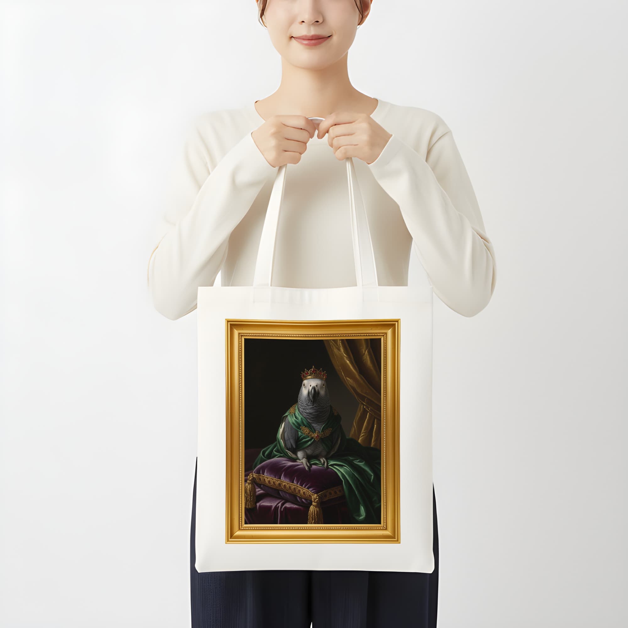 ヨウムのルネサンス肖像画トートバッグ(カラープリント・額縁デザインあり) 3