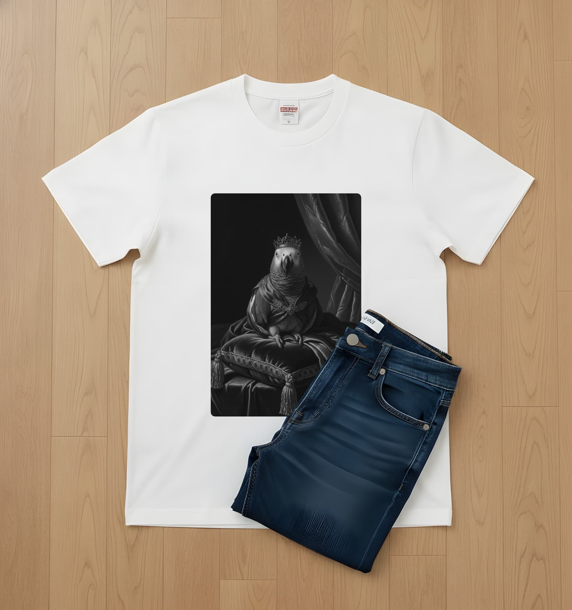 ヨウムのルネサンス肖像画Tシャツ(ホワイト・モノクロプリント・額縁なし) 2