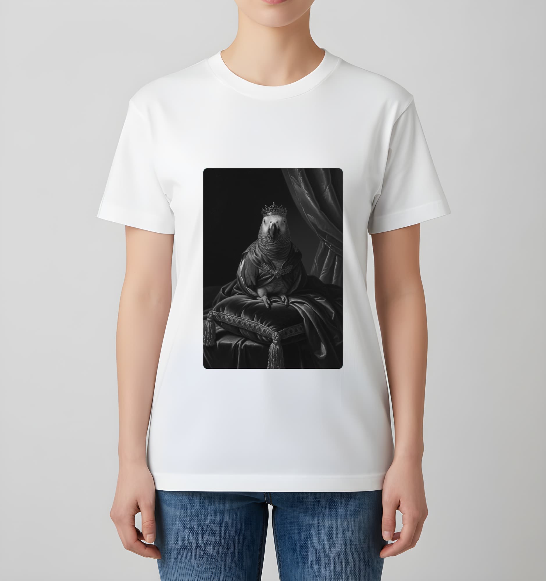 ヨウムのルネサンス肖像画Tシャツ(ホワイト・モノクロプリント・額縁なし) 4